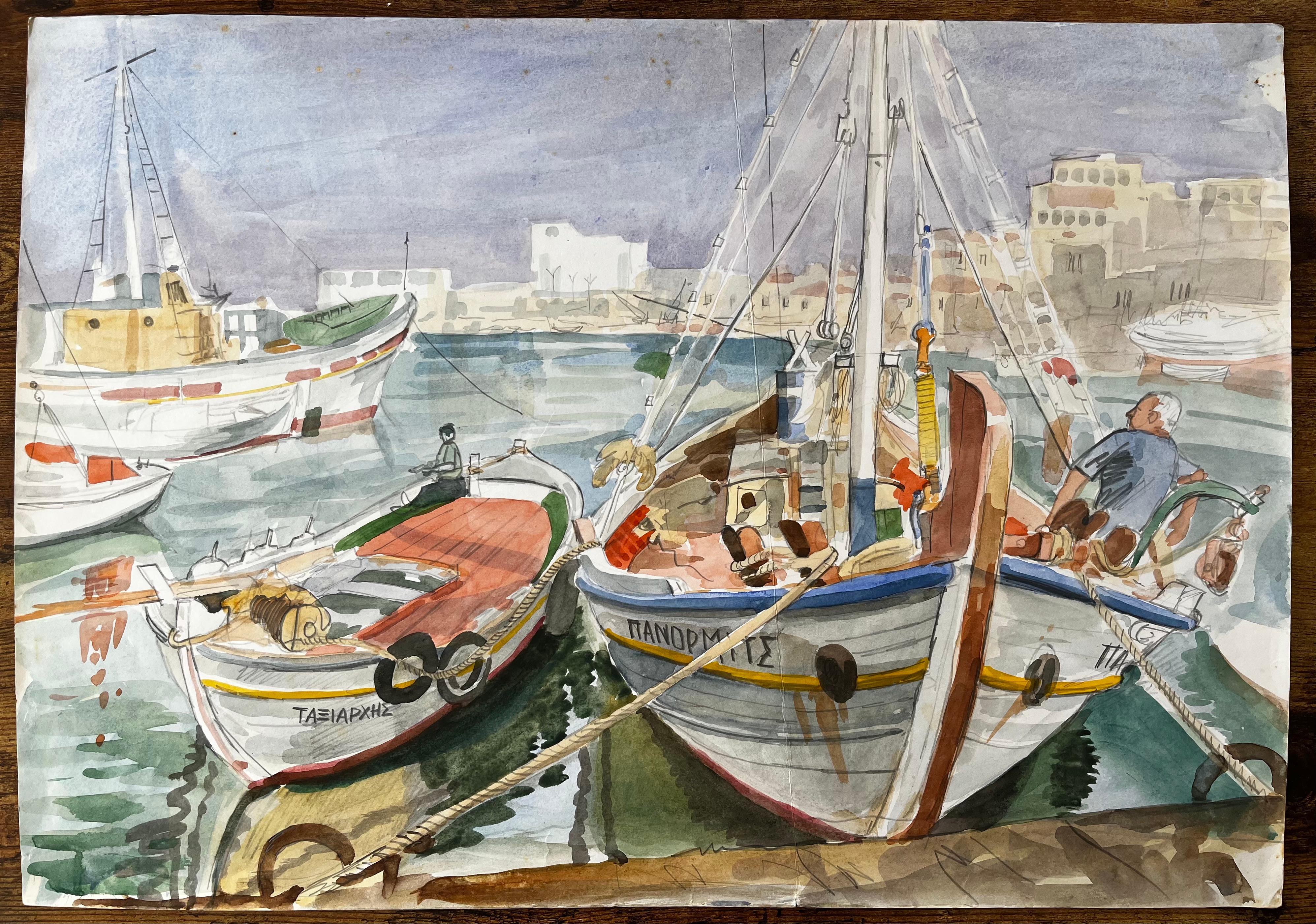 Kreta Fischerboote Dock-Szene mit Hafen und Dorf Aquarellmalerei – Painting von John Steane (b.1931)