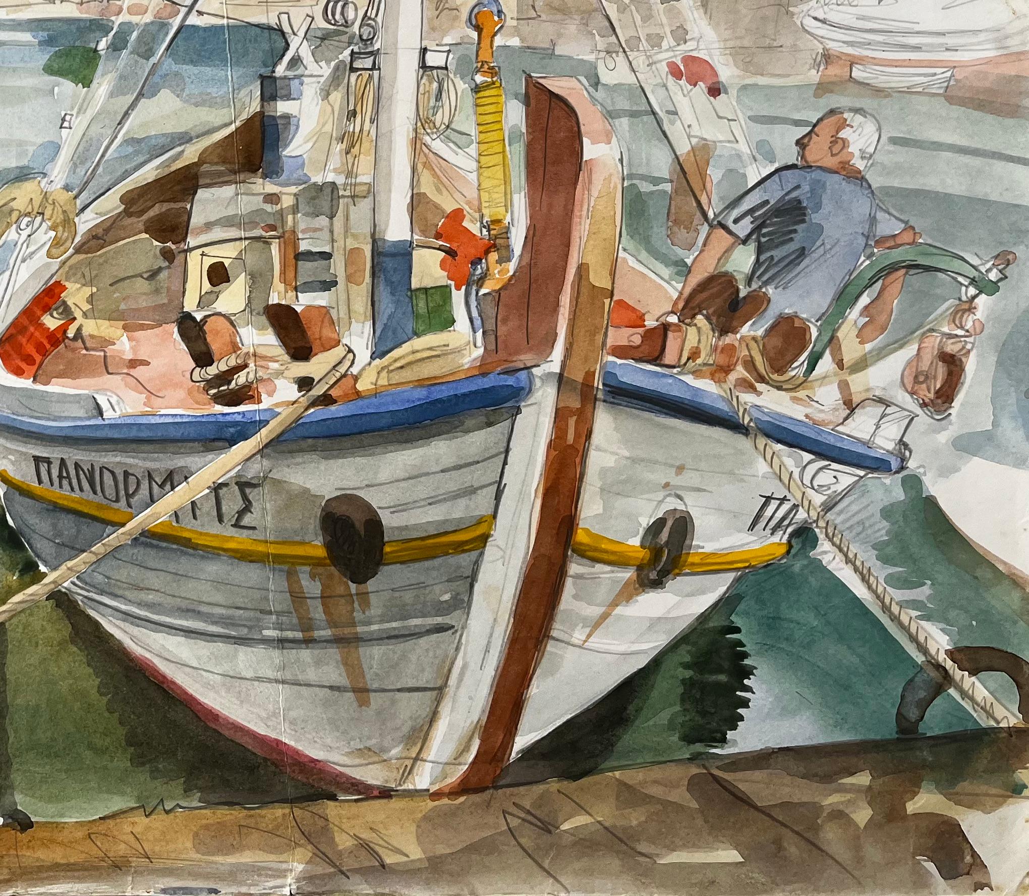 Kreta Fischerboote Dock-Szene mit Hafen und Dorf Aquarellmalerei (Impressionismus), Painting, von John Steane (b.1931)