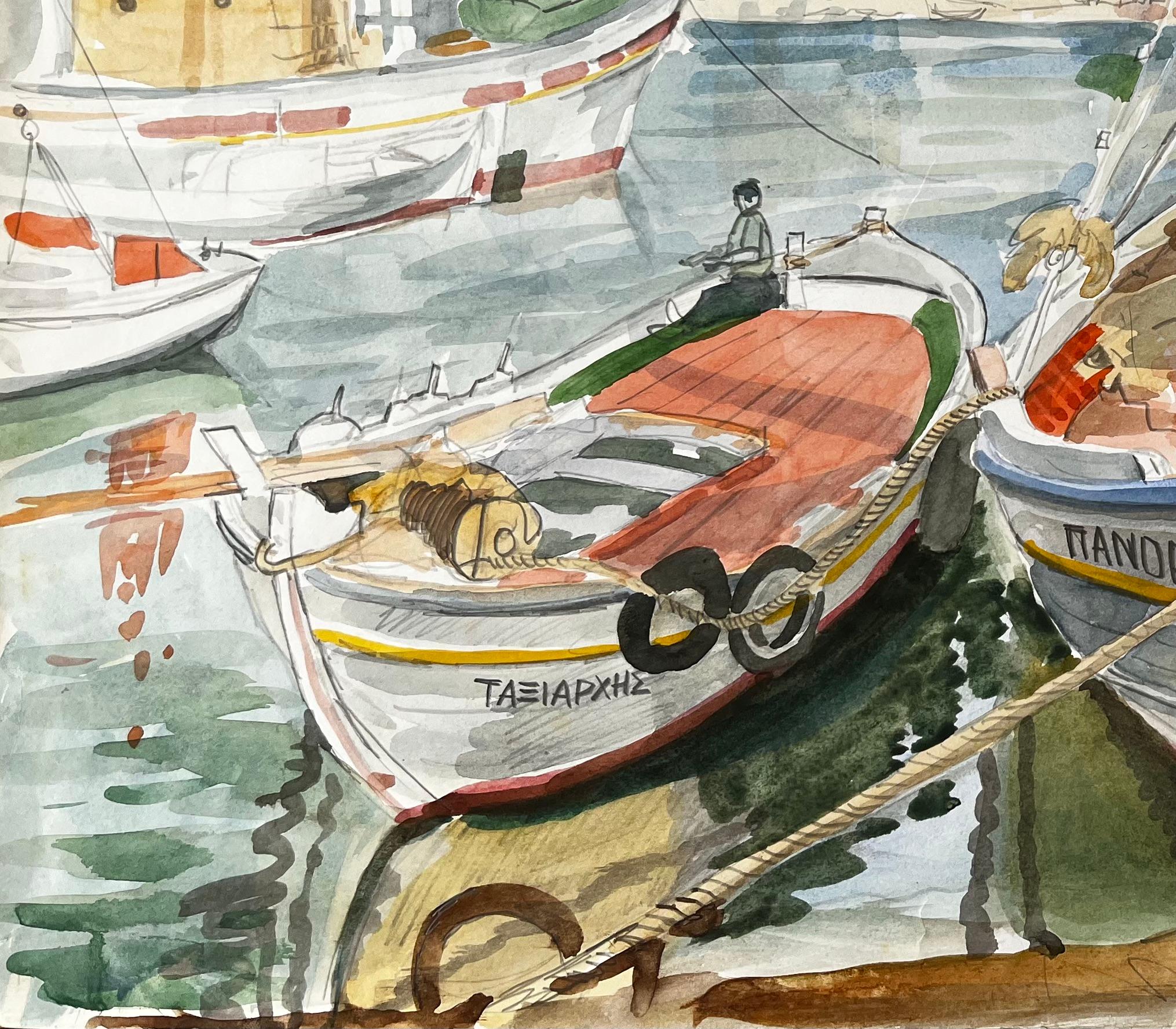 Kreta Fischerboote Dock-Szene mit Hafen und Dorf Aquarellmalerei (Grau), Landscape Painting, von John Steane (b.1931)