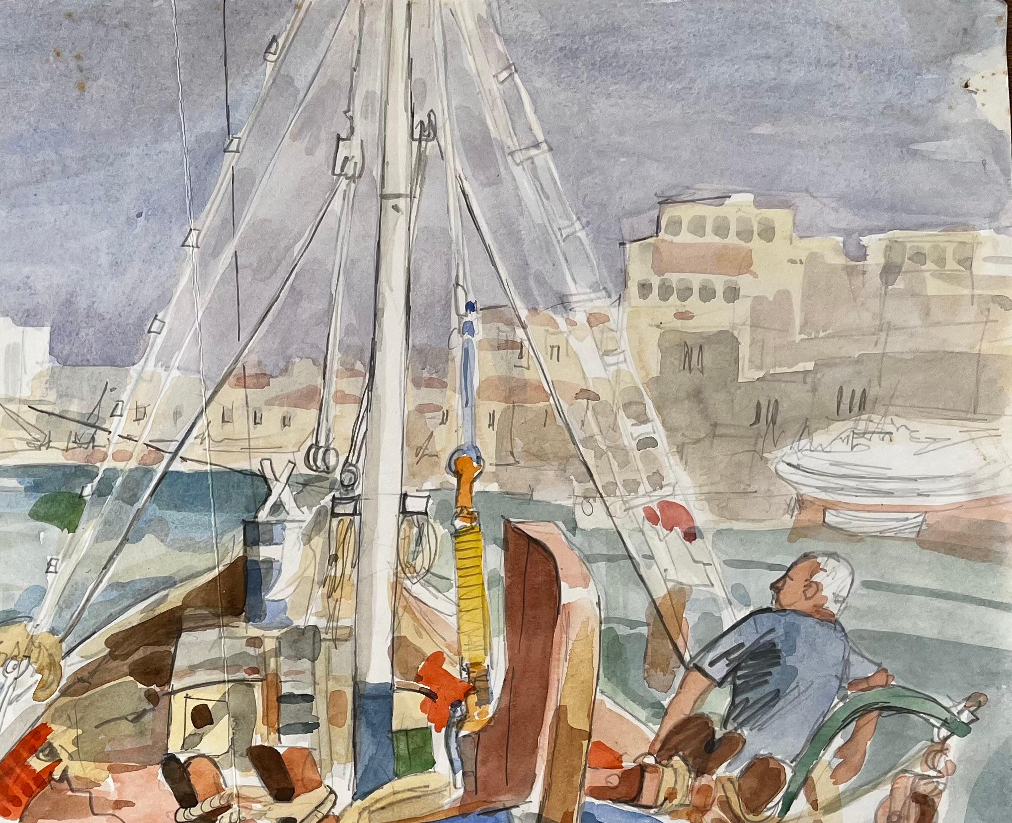 Titel: Kreta Fischerboote Dock-Szene mit Hafen und Dorf Aquarellmalerei
von John Steane (geb.1931)
Größe: 16,5 Zoll (Höhe) x 23,25 Zoll (Breite)
Verso beschriftet: 