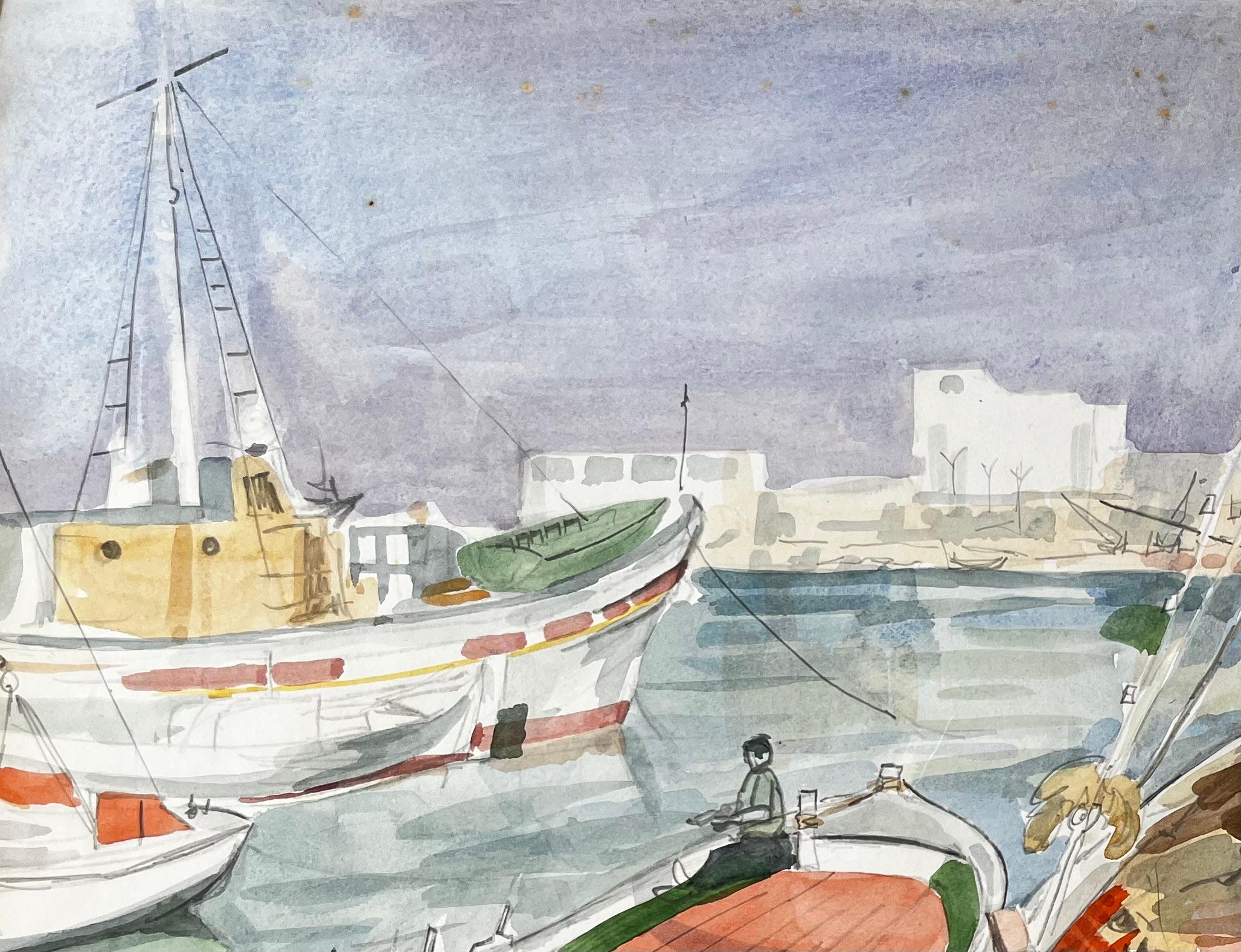 Kreta Fischerboote Dock-Szene mit Hafen und Dorf Aquarellmalerei im Angebot 1
