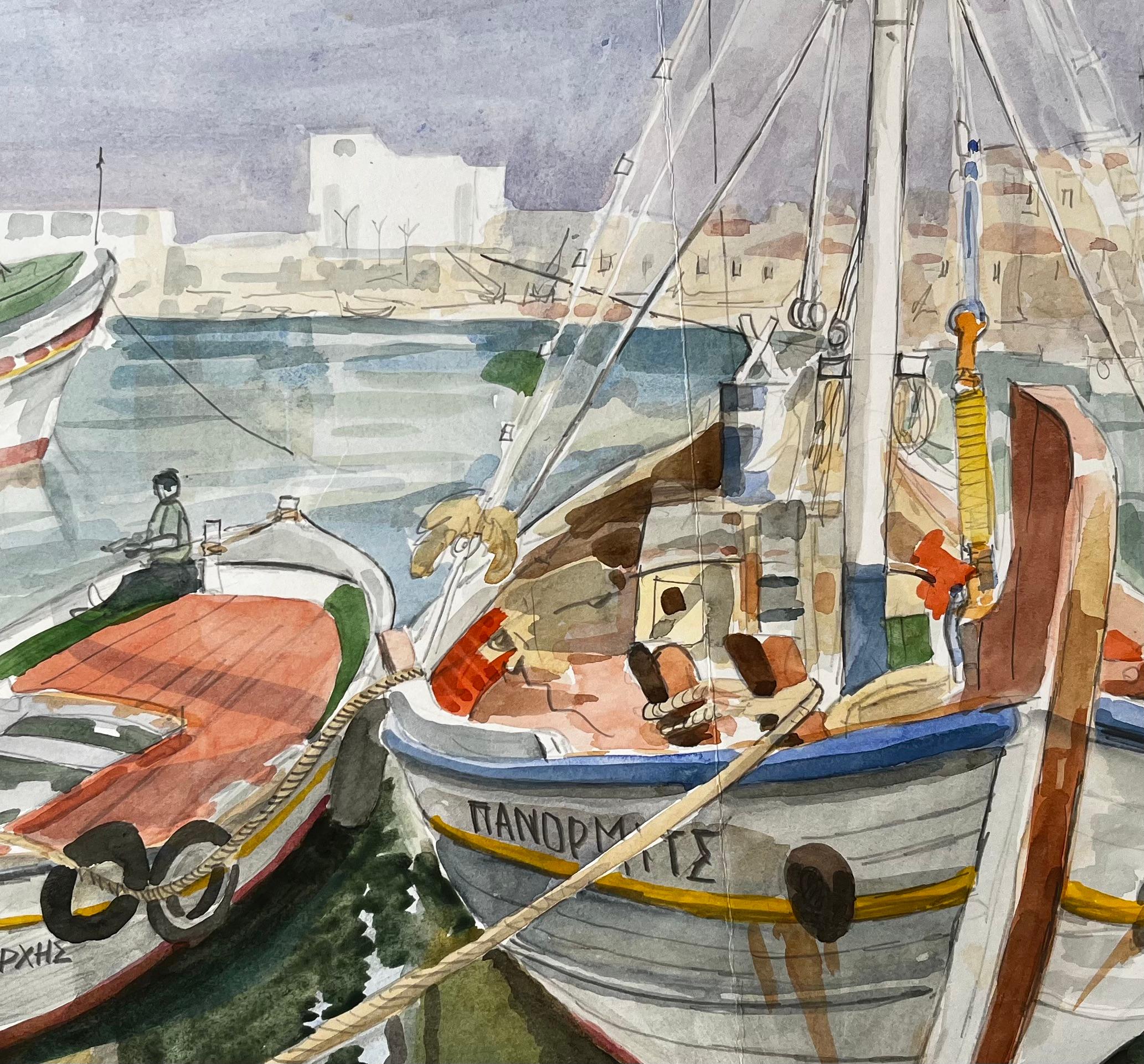 Kreta Fischerboote Dock-Szene mit Hafen und Dorf Aquarellmalerei im Angebot 2