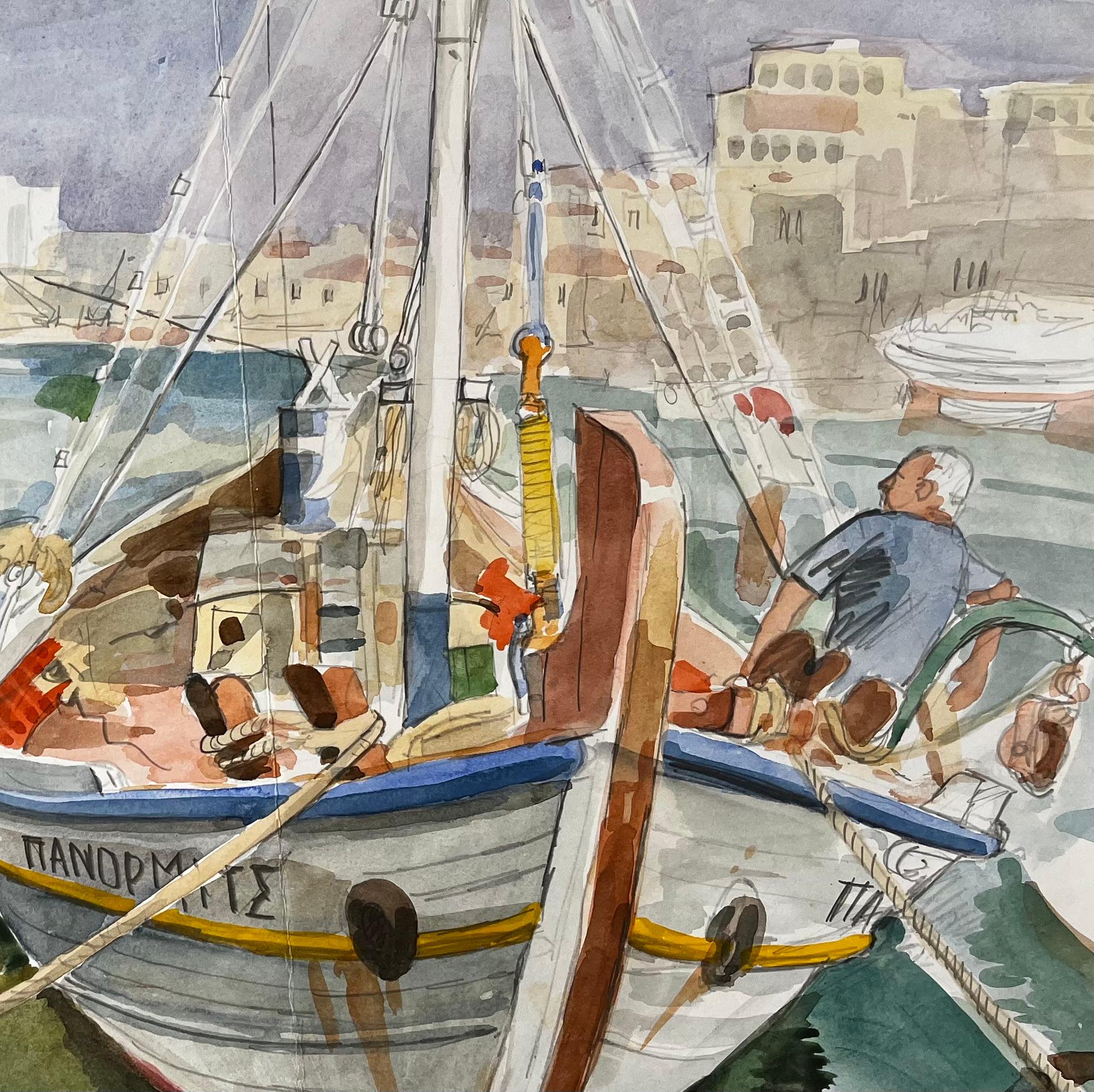 Kreta Fischerboote Dock-Szene mit Hafen und Dorf Aquarellmalerei im Angebot 3