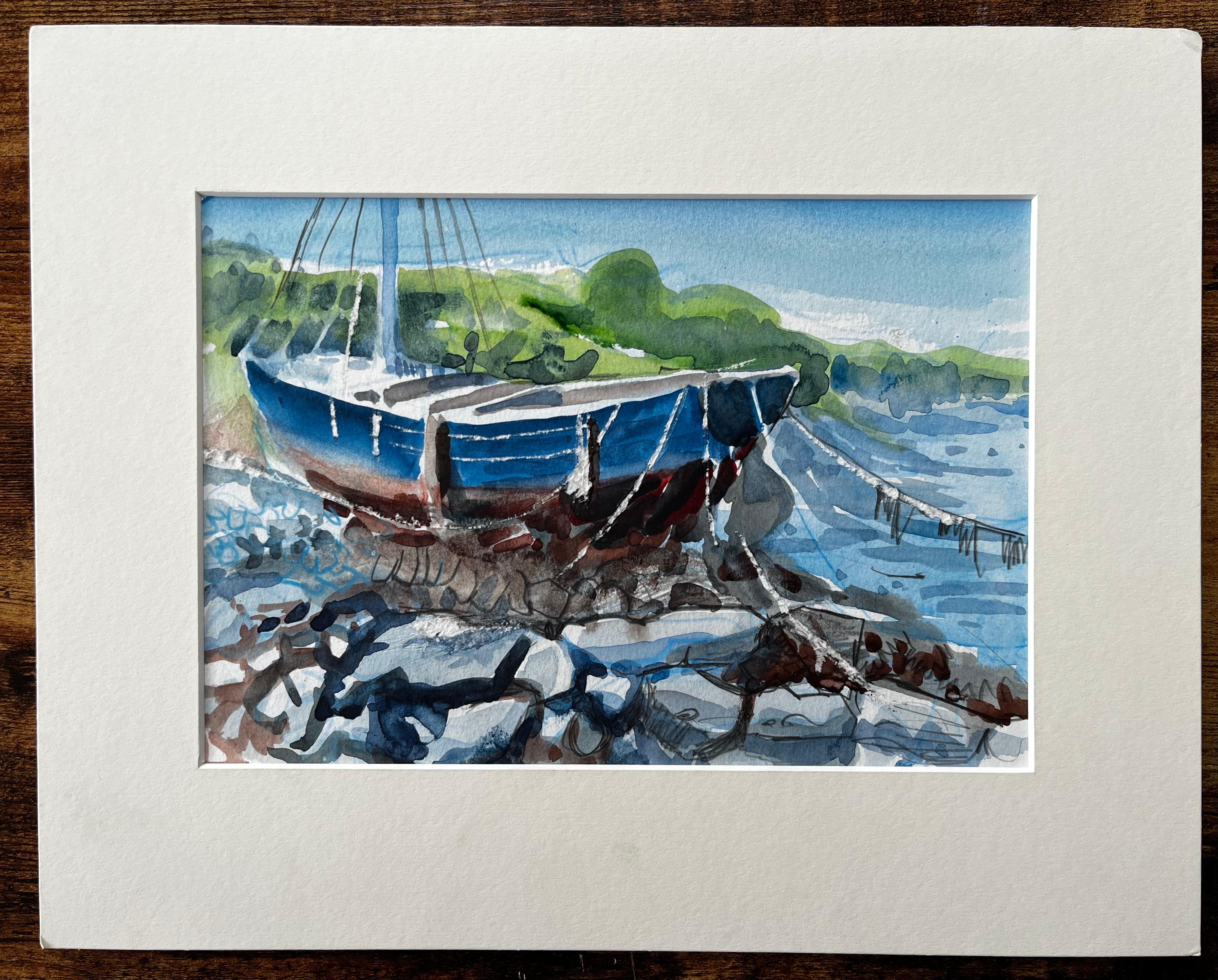 Crete Harbour Beached Fishing Boat Greek Island Scene Mounted Watercolour - Painting by John Steane (b.1931)
