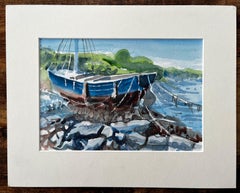 Crete Harbour Beached Fishing Boat Greek Island Scene Mounted Watercolour