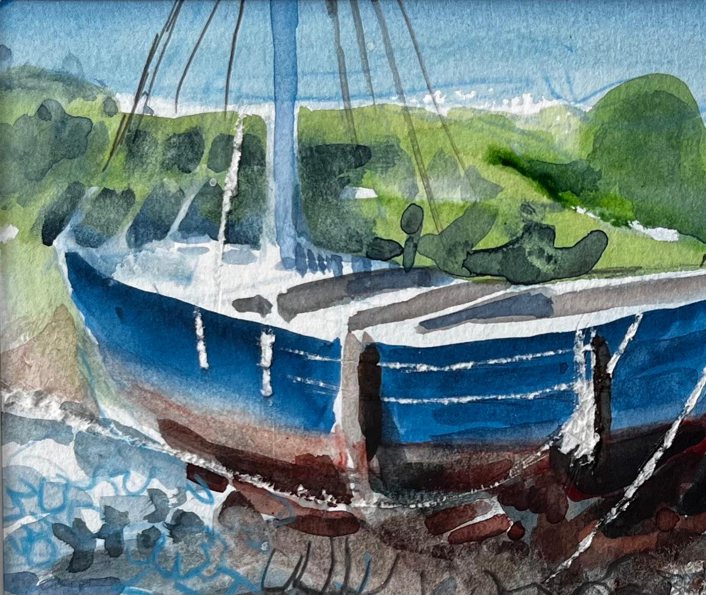 Crete Harbour Beached Fishing Boat Greek Island Scene Mounted Watercolour - Impressionist Painting by John Steane (b.1931)