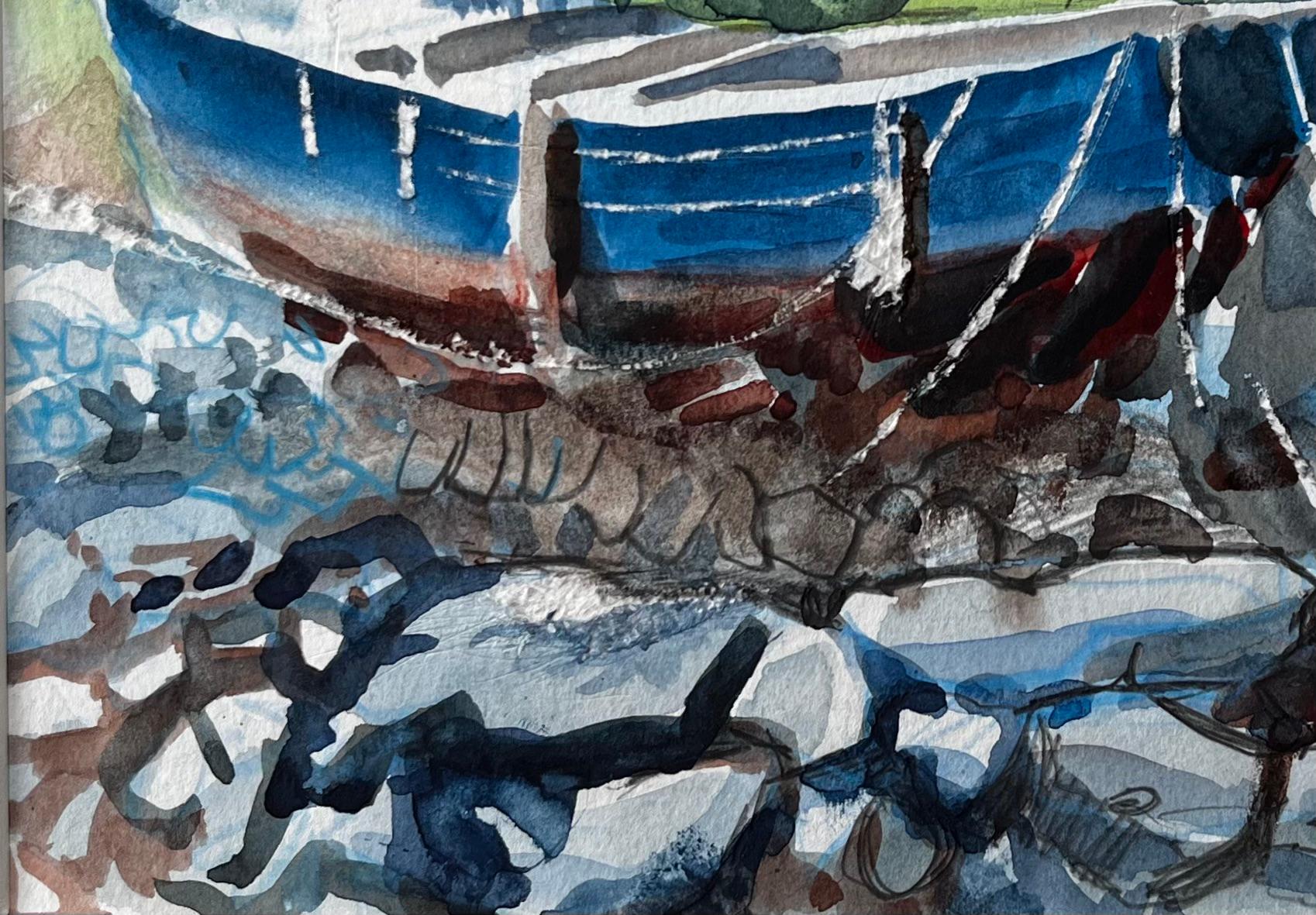 Crete Harbour Beached Fishing Boat Greek Island Scene Mounted Watercolour - Gray Landscape Painting by John Steane (b.1931)