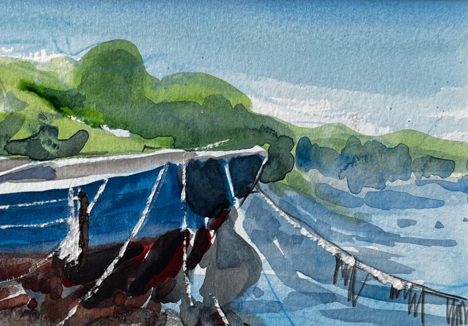 Title: Crete Harbour Beached Fishing Boat Greek Island Scene Mounted Watercolour
by John Steane (b.1931)
Size: 10.75 inches (height) x 13.75 inches (width) including mounting
watercolor painting on paper, unframed
condition: Good
Provenance: from a