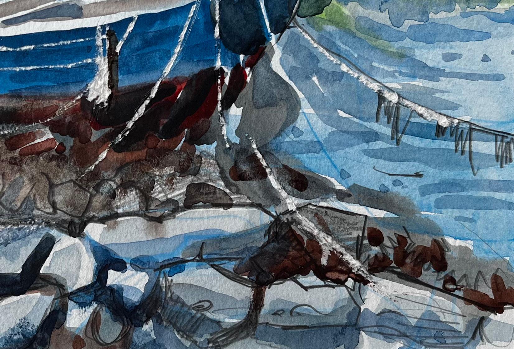 Crete Harbour Beached Fishing Boat Greek Island Scene Mounted Watercolour For Sale 1