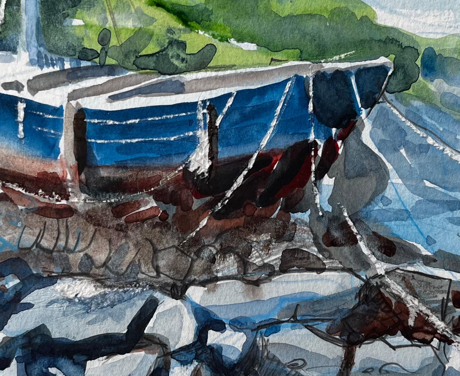 Crete Harbour Beached Fishing Boat Greek Island Scene Mounted Watercolour For Sale 2
