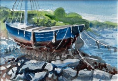 Crete Harbour Beached Fishing Boat Greek Island Scene Mounted Watercolour