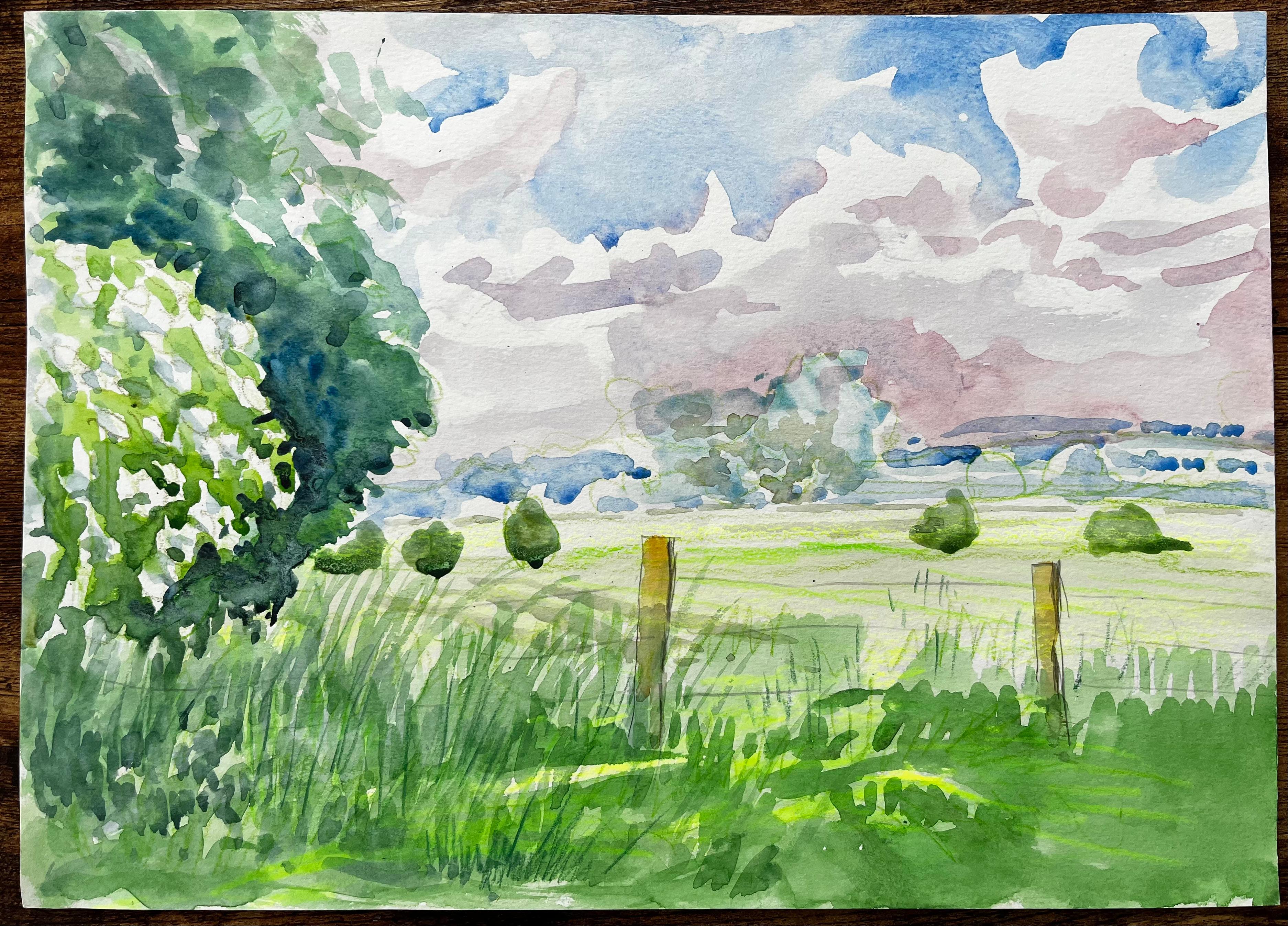 Cuttleslowe Oxford Landschaft mit Bäumen Wiese und Sommerhimmel – Art von John Steane (b.1931)