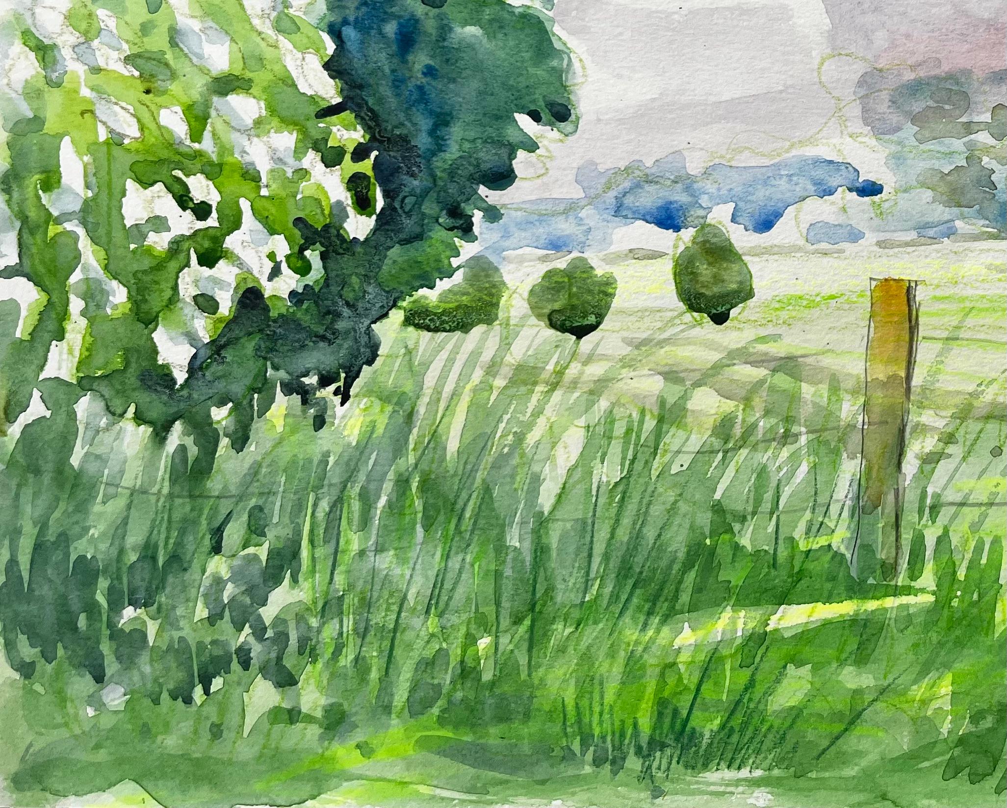 Cuttleslowe Oxford Landschaft mit Bäumen Wiese und Sommerhimmel (Grün), Landscape Art, von John Steane (b.1931)