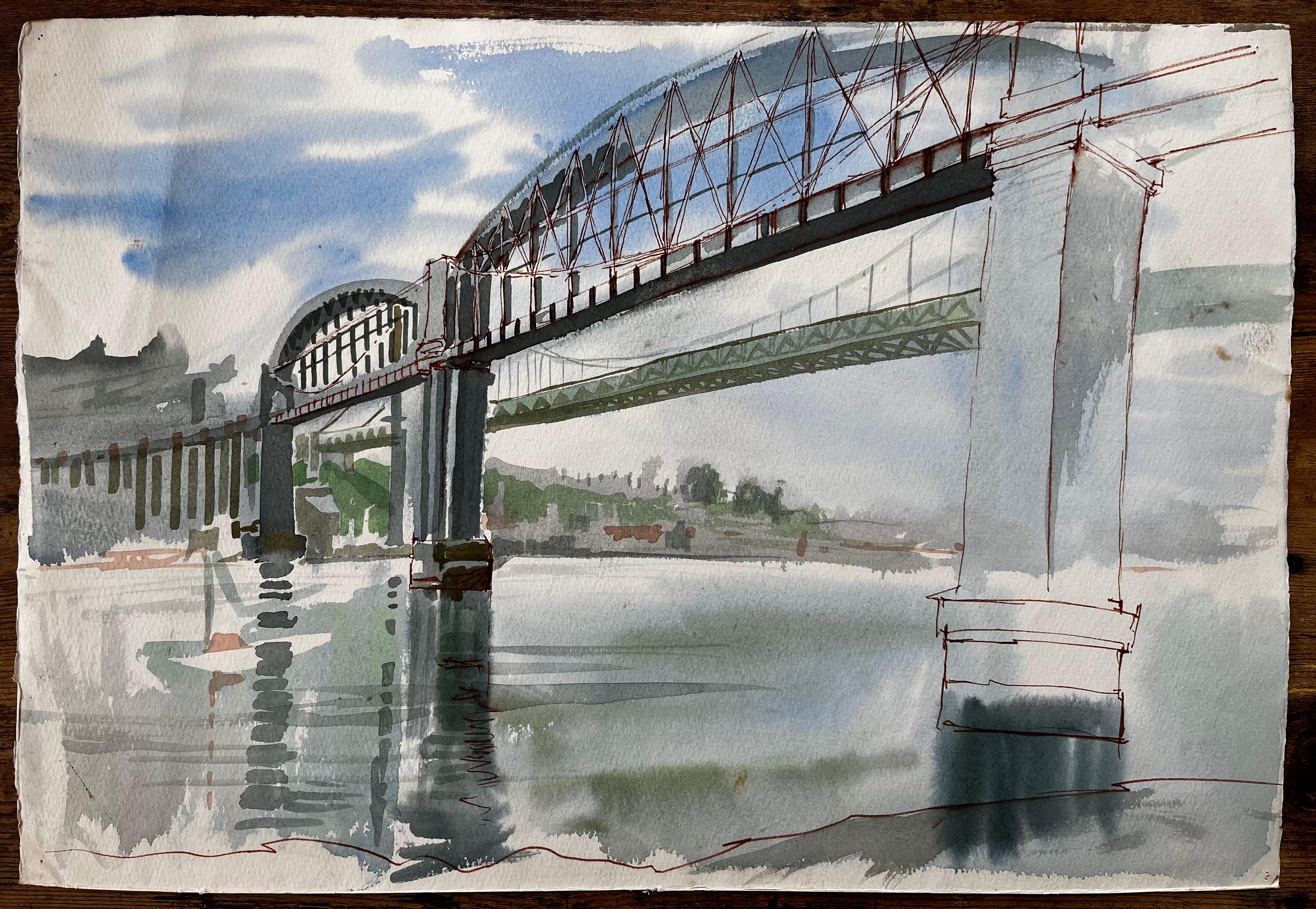 Devon Cornwall Railway Bridge Over River Tamar Unfinished Watercolour Sketch - Art by John Steane (b.1931)