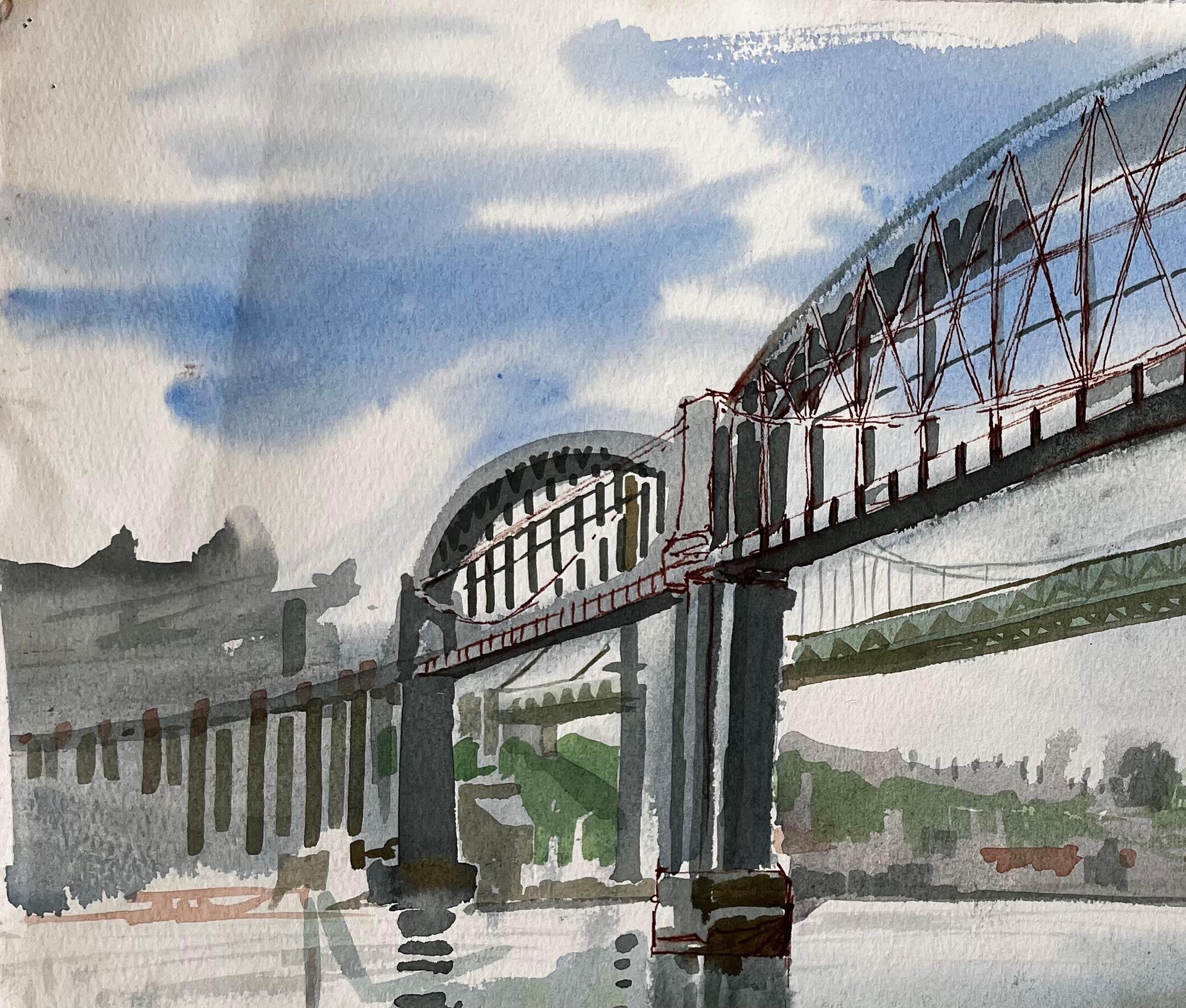 Devon Cornwall Railway Bridge Over River Tamar Unfinished Watercolour Sketch - Impressionist Art by John Steane (b.1931)