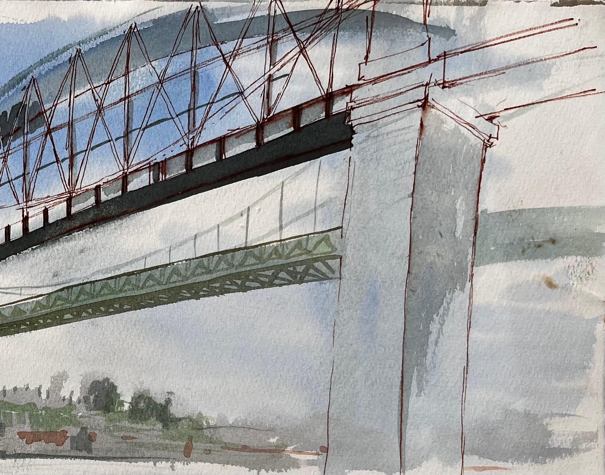 Title: Devon Cornwall Railway Bridge Over River Tamar Unfinished Watercolour Sketch
by John Steane (b.1931)
Size: 15.75 inches (height) x 23 inches (width)
Inscribed verso: “Devon into Cornwall Bridge, unfinished.”
watercolor painting on paper,