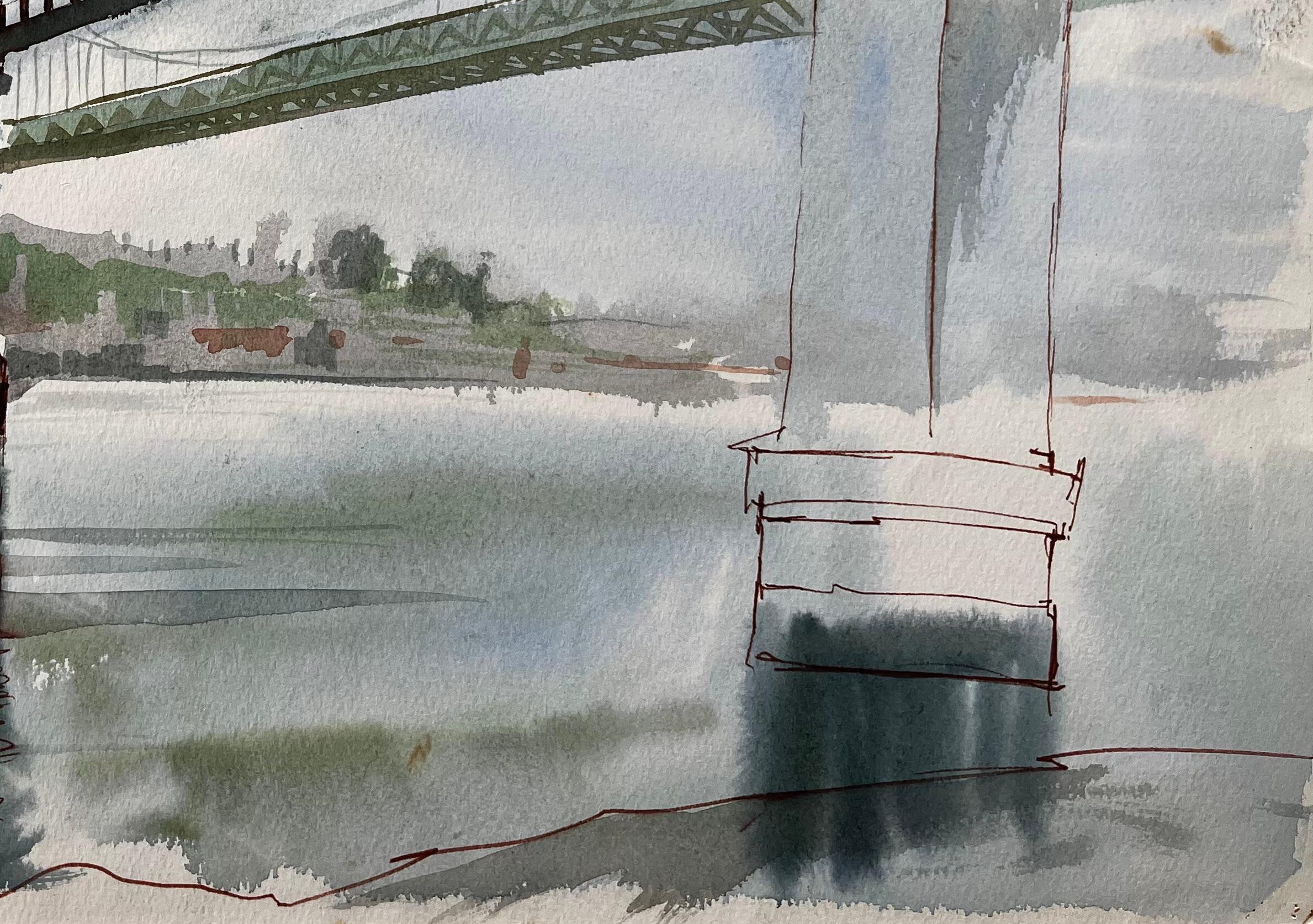 Devon Cornwall Railway Bridge Over River Tamar Unfinished Watercolour Sketch For Sale 1