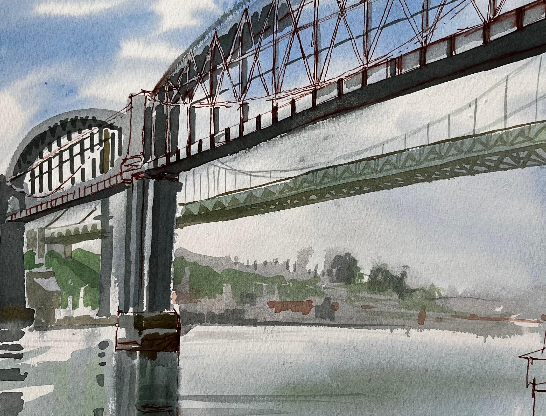 Devon Cornwall Railway Bridge Over River Tamar Unfinished Watercolour Sketch For Sale 2