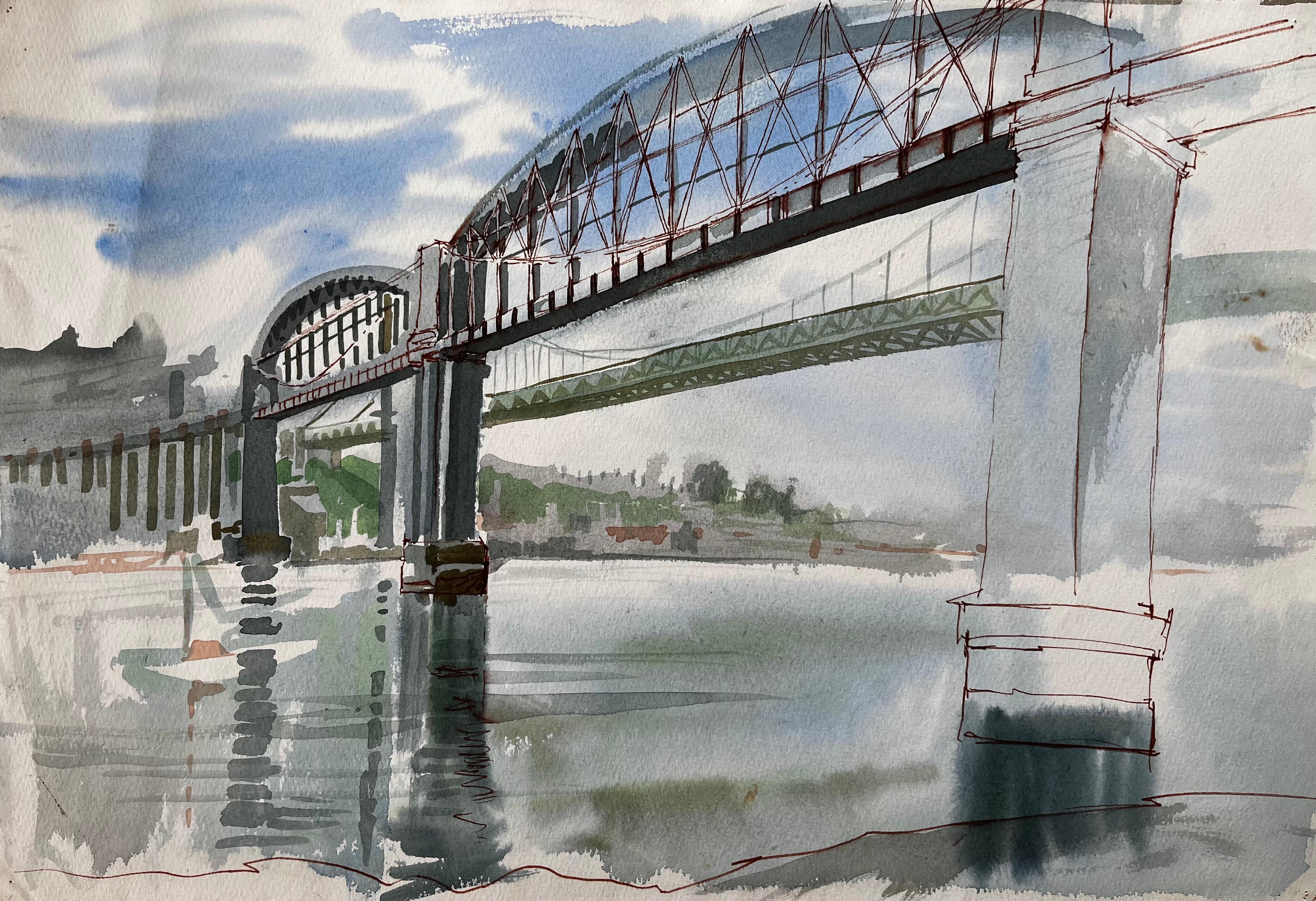 John Steane (b.1931) Landscape Art - Devon Cornwall Railway Bridge Over River Tamar Unfinished Watercolour Sketch