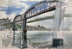 Vintage Devon Cornwall Railway Bridge Over River Tamar Unfinished Watercolour Sketch