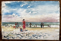 Dorset Beach Scene with Families Sea and Sky by British Artist John Steane