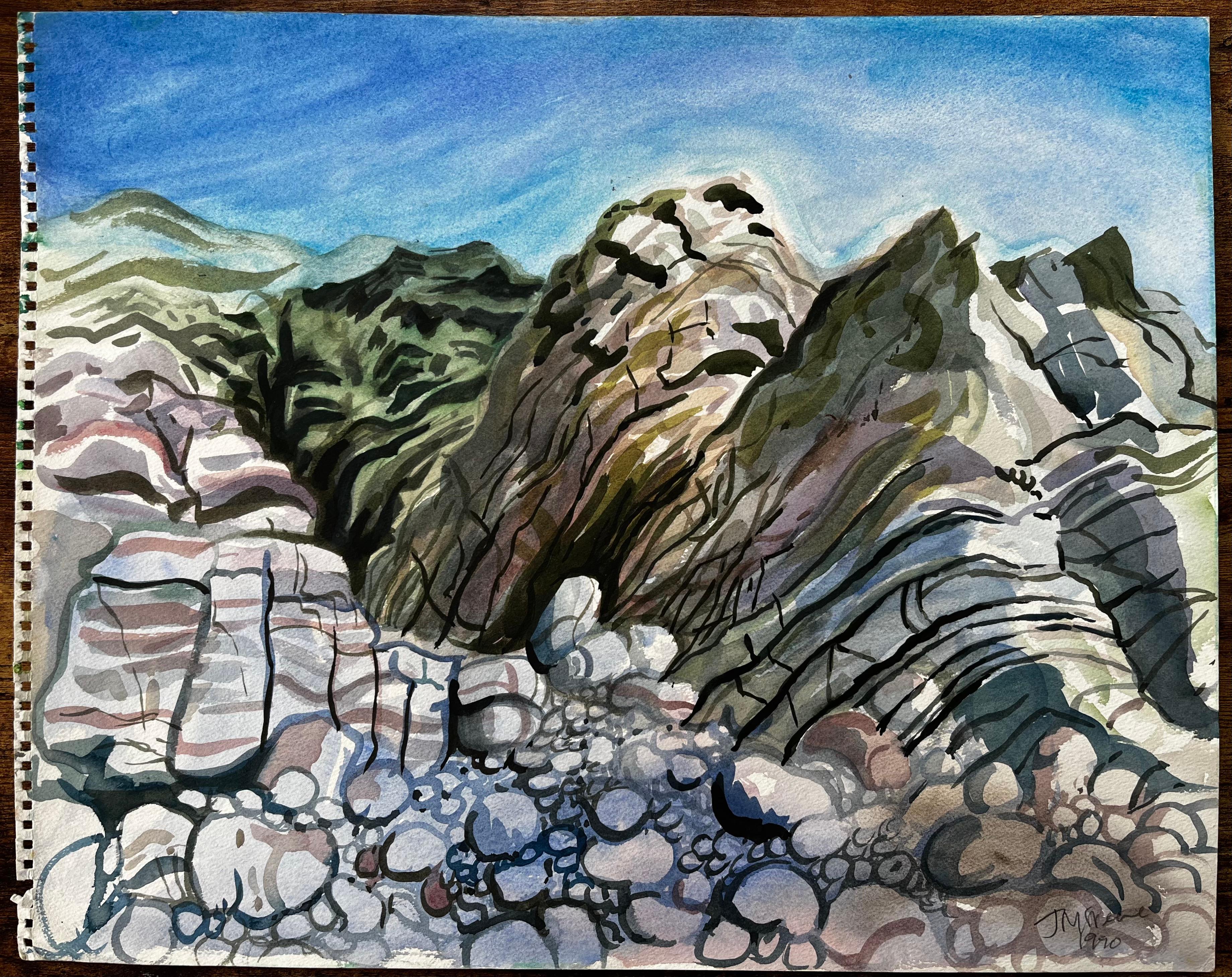 Dorset Coast Abstract Rock Formations with Pebble Beach 1990 Signed Watercolour - Painting by John Steane (b.1931)