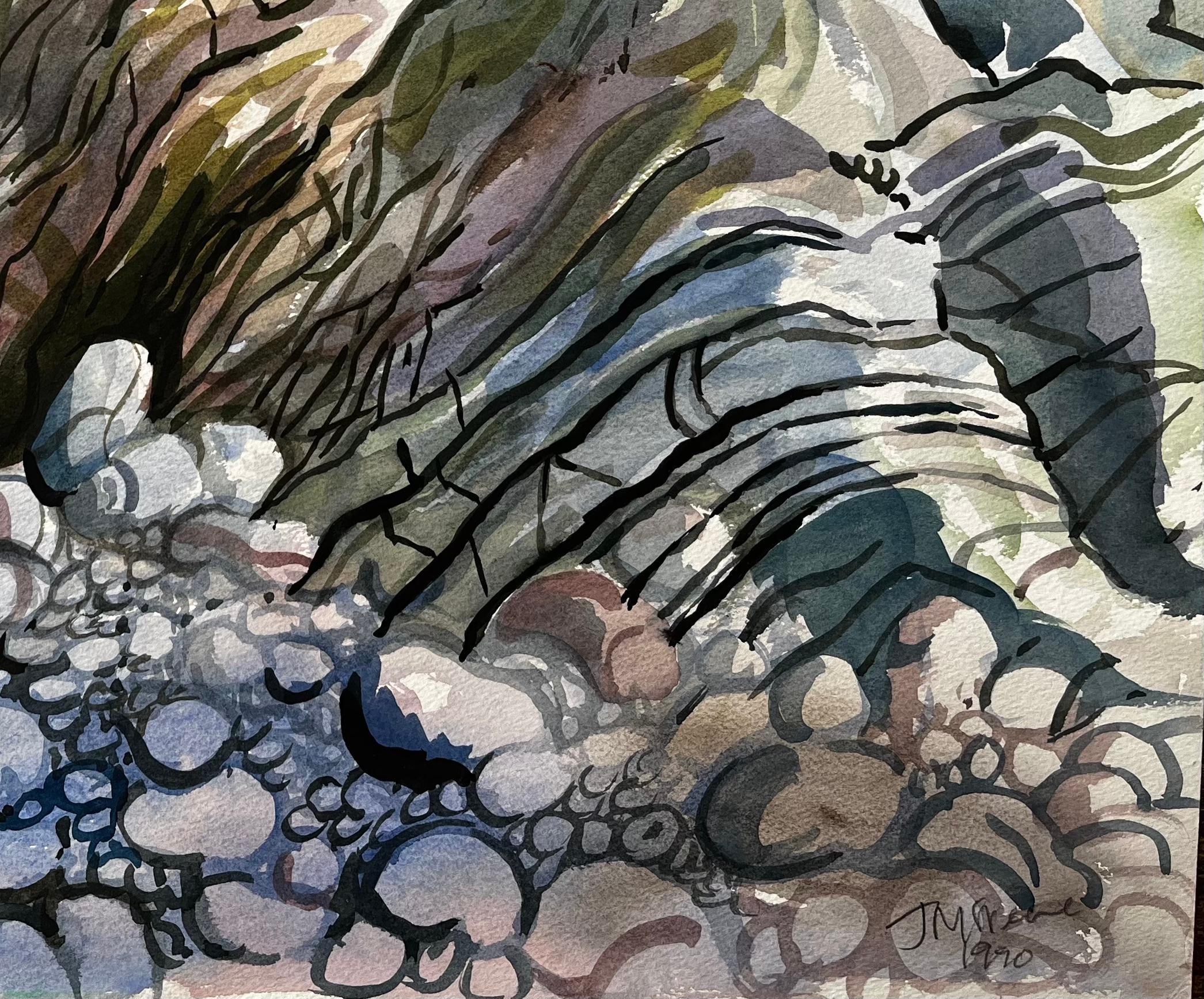 Dorset Coast Abstract Rock Formations with Pebble Beach 1990 Signed Watercolour - Impressionist Painting by John Steane (b.1931)