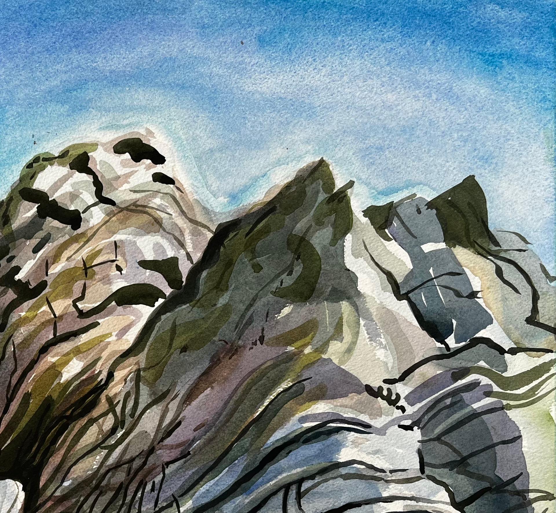 Dorset Coast Abstract Rock Formations with Pebble Beach 1990 Signed Watercolour - Gray Landscape Painting by John Steane (b.1931)