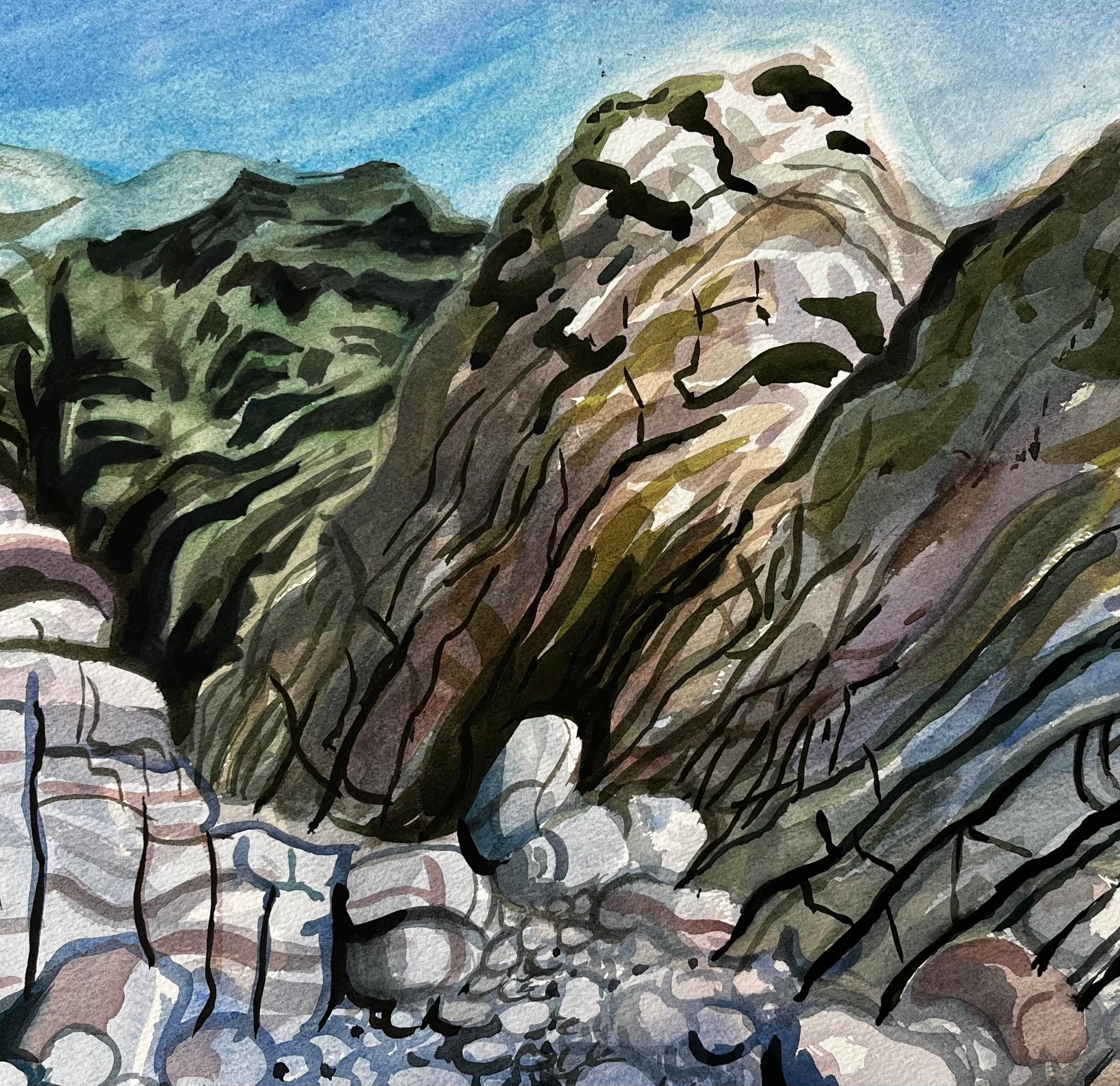 Dorset Coast Abstract Rock Formations with Pebble Beach 1990 Signed Watercolour For Sale 2