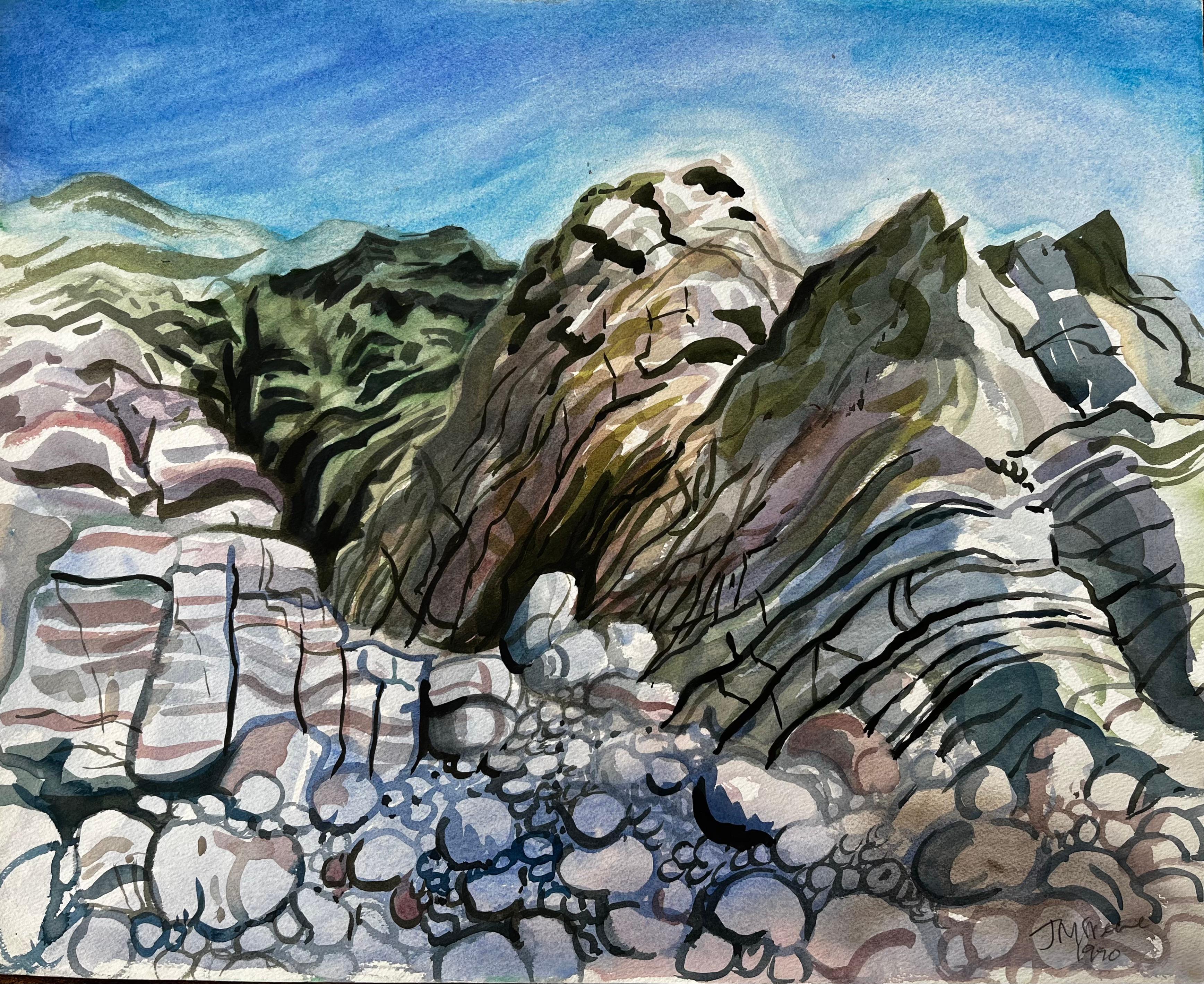 John Steane (b.1931) Landscape Painting - Dorset Coast Abstract Rock Formations with Pebble Beach 1990 Signed Watercolour