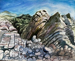 Dorset Coast Abstract Rock Formations with Pebble Beach 1990 Signed Watercolour