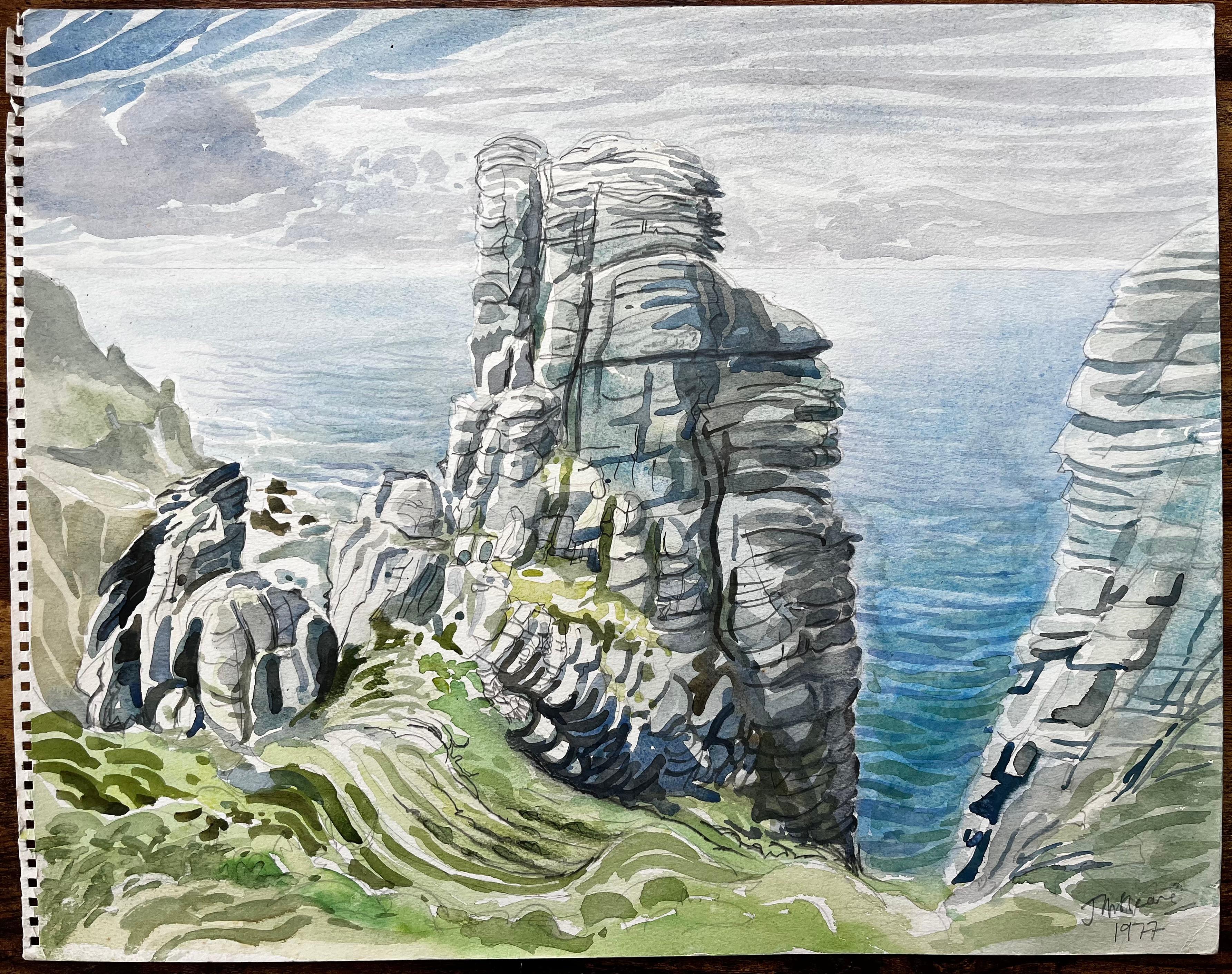 Formations rocheuses de la côte du Dorset et vue sur la mer 1977 par John Steane - Painting de John Steane (b.1931)