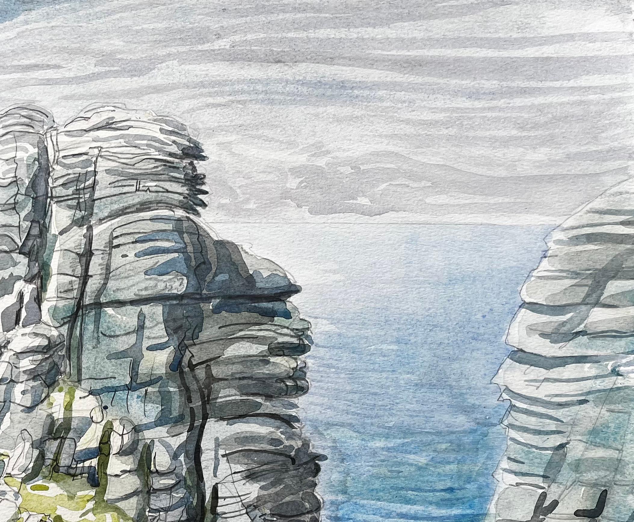 Formations rocheuses de la côte du Dorset et vue sur la mer 1977 par John Steane - Gris Landscape Painting par John Steane (b.1931)