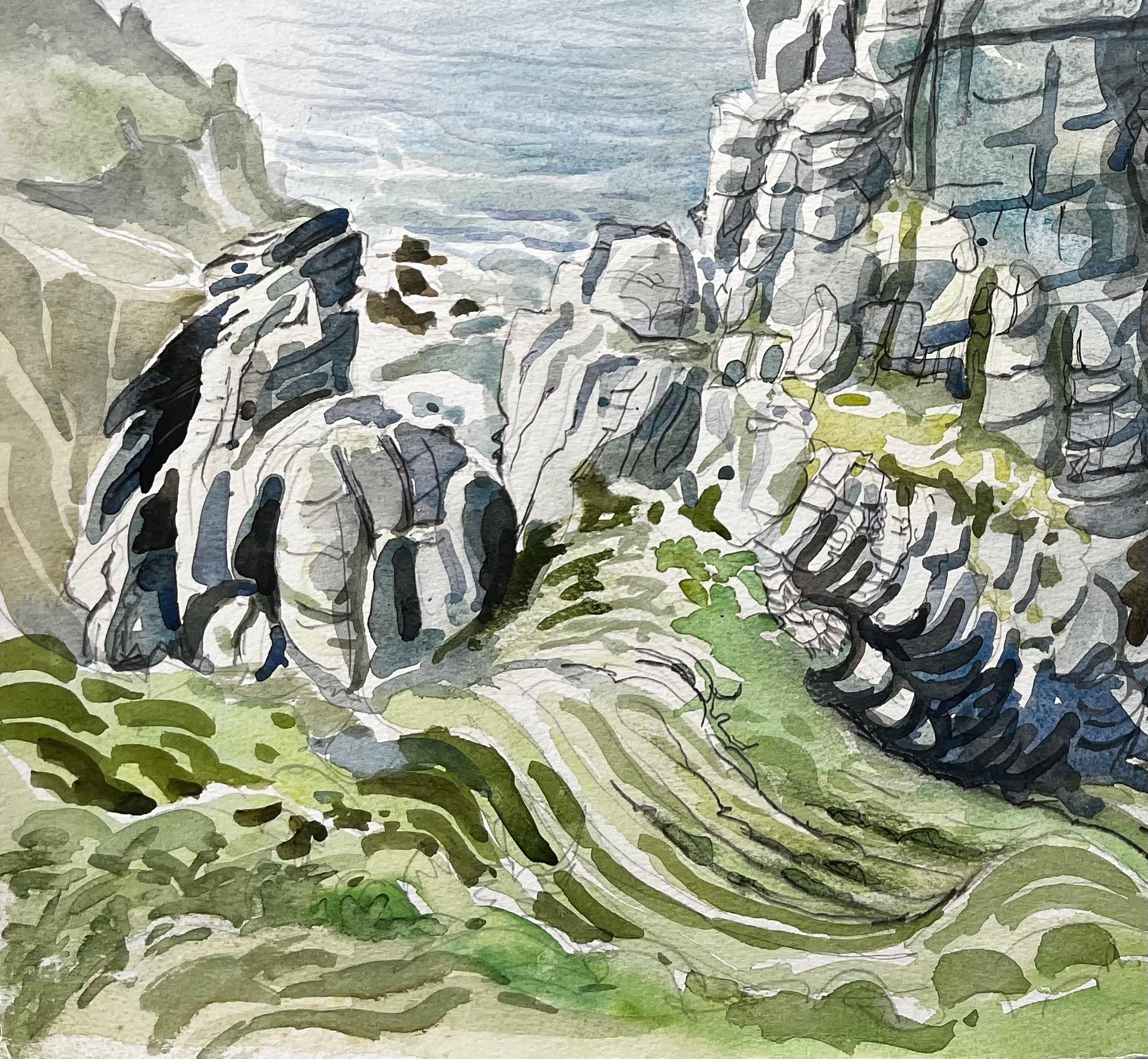Titre : Formations rocheuses de la côte du Dorset et vue sur la mer 1977 par John Steane
de John Steane (né en 1931)
Signé : En bas à droite
Taille : 15,75 pouces (hauteur) x 20 pouces (largeur)
peinture à l'eau sur papier, non encadrée
état : Bon,
