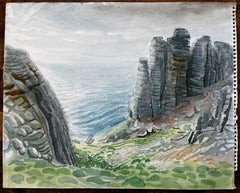 Dorset Coastal Cliffs Seascape with Rock Formations Watercolour 1970