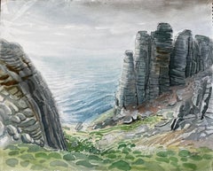 Falaises côtières du Dorset Paysage marin avec formations rocheuses Aquarelle 1970