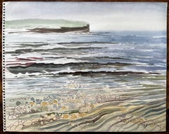 Dorset Coastline Pebble Beach Seascape Watercolour with Headland View