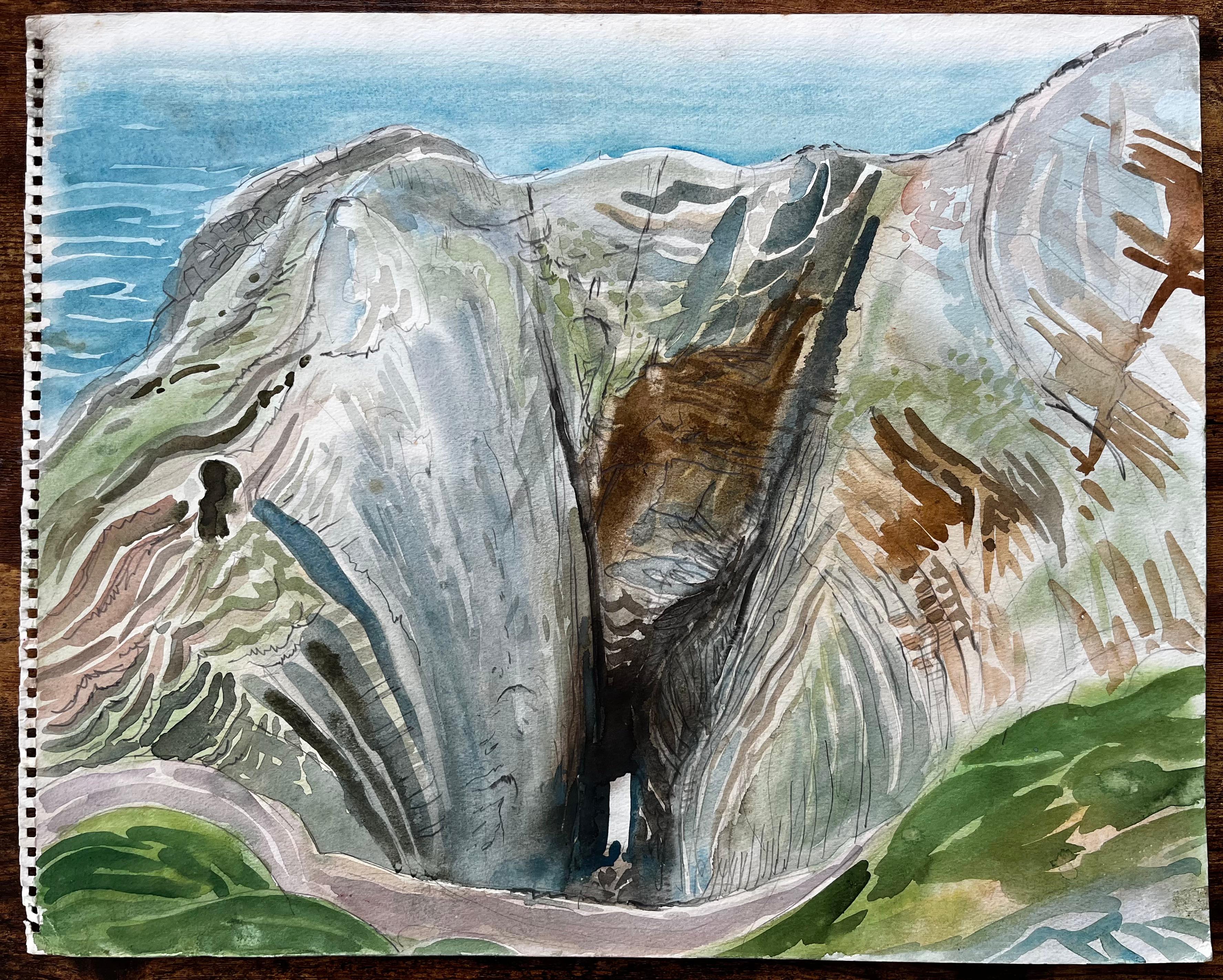 Dramatic Coastal Cliff Chasm and Sea View Expressive Watercolour by John Steane - Painting by John Steane (b.1931)