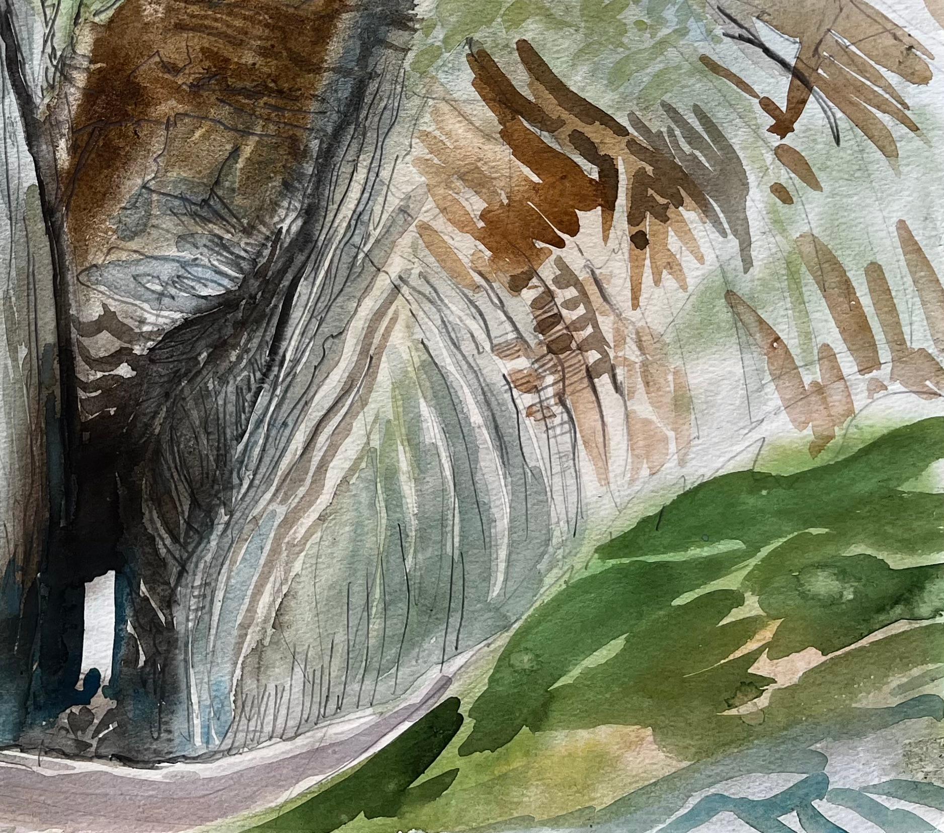 Dramatic Coastal Cliff Chasm and Sea View Expressive Watercolour by John Steane - Impressionist Painting by John Steane (b.1931)