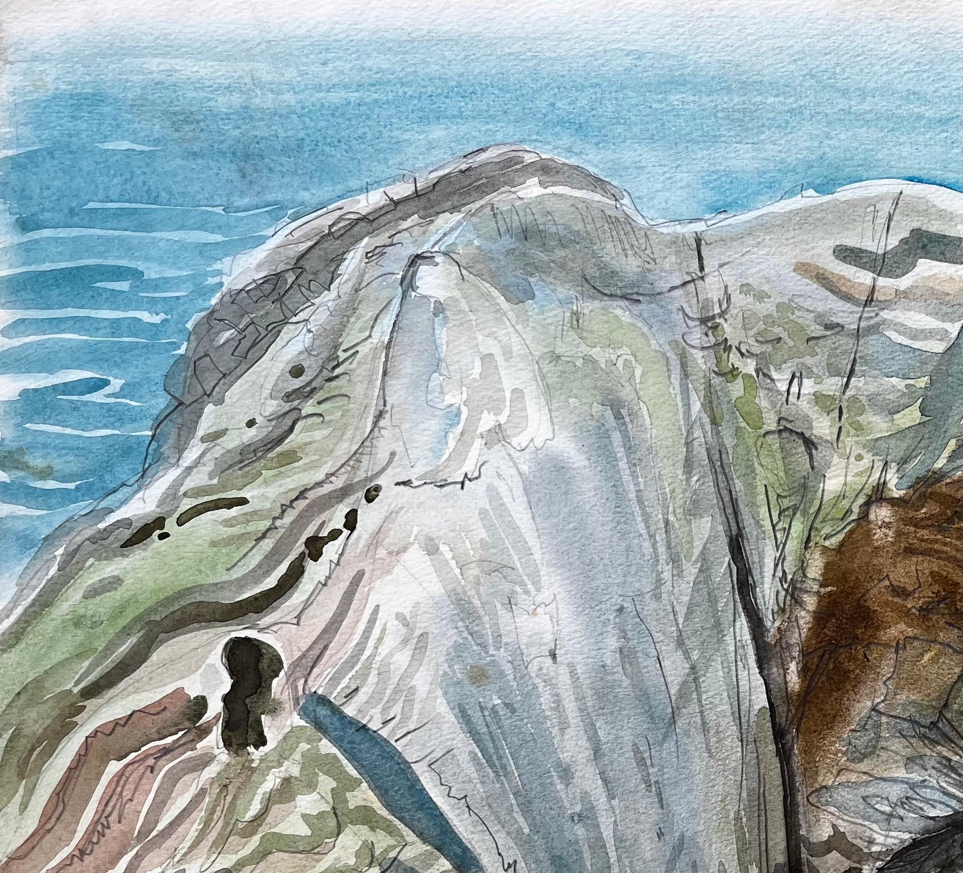 Dramatic Coastal Cliff Chasm and Sea View Expressive Watercolour by John Steane For Sale 1
