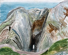 Dramatic Coastal Cliff Chasm and Sea View Expressive Watercolour by John Steane