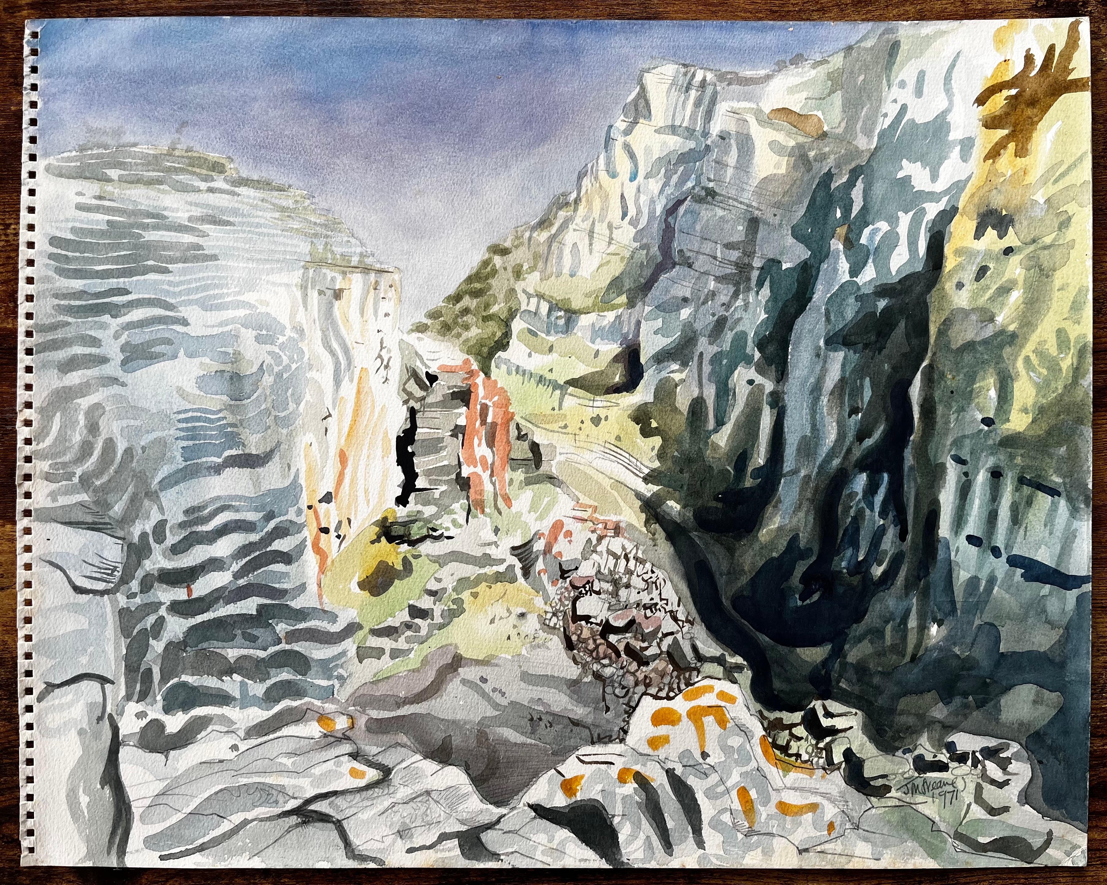Dramatic Dorset Coast Cliff Landscape Watercolour by John Steane 1971 - Painting by John Steane (b.1931)