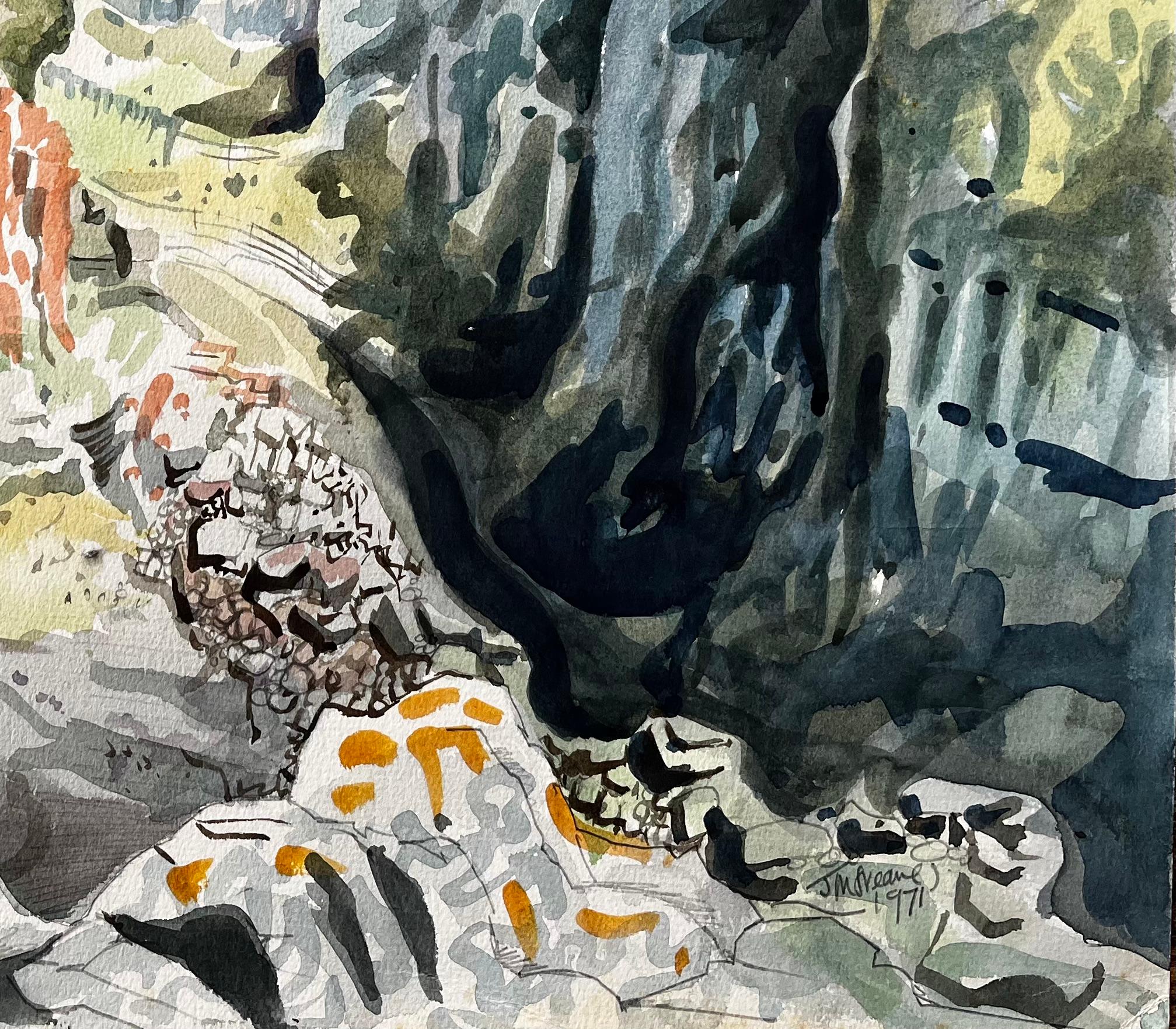 Dramatic Dorset Coast Cliff Landscape Watercolour by John Steane 1971 - Impressionist Painting by John Steane (b.1931)