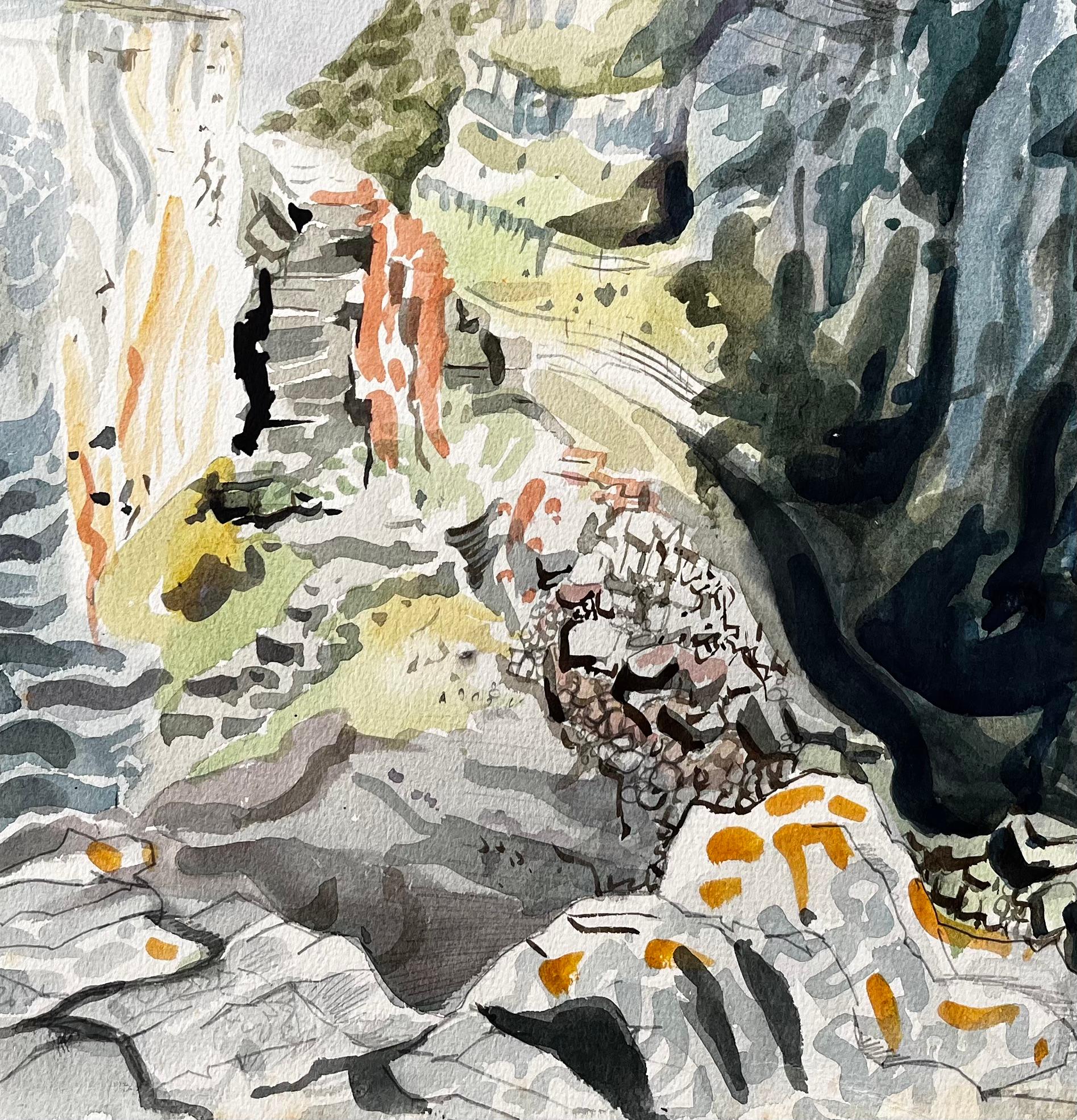 Dramatic Dorset Coast Cliff Landscape Watercolour by John Steane 1971 - Gray Landscape Painting by John Steane (b.1931)