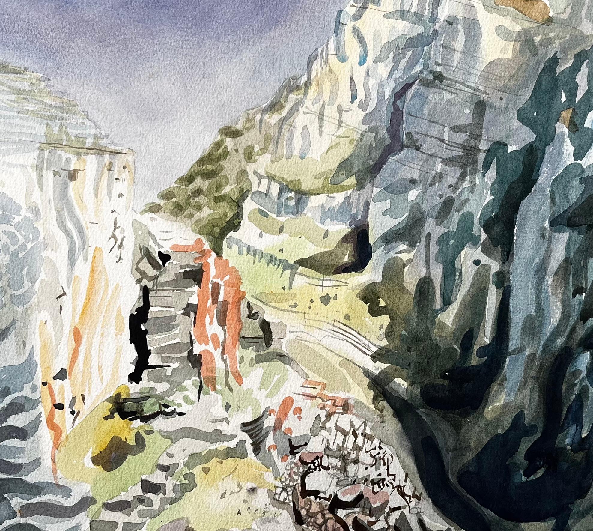 Dramatic Dorset Coast Cliff Landscape Watercolour by John Steane 1971 For Sale 3