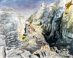 Dramatic Dorset Coast Cliff Landscape Watercolour by John Steane 1971