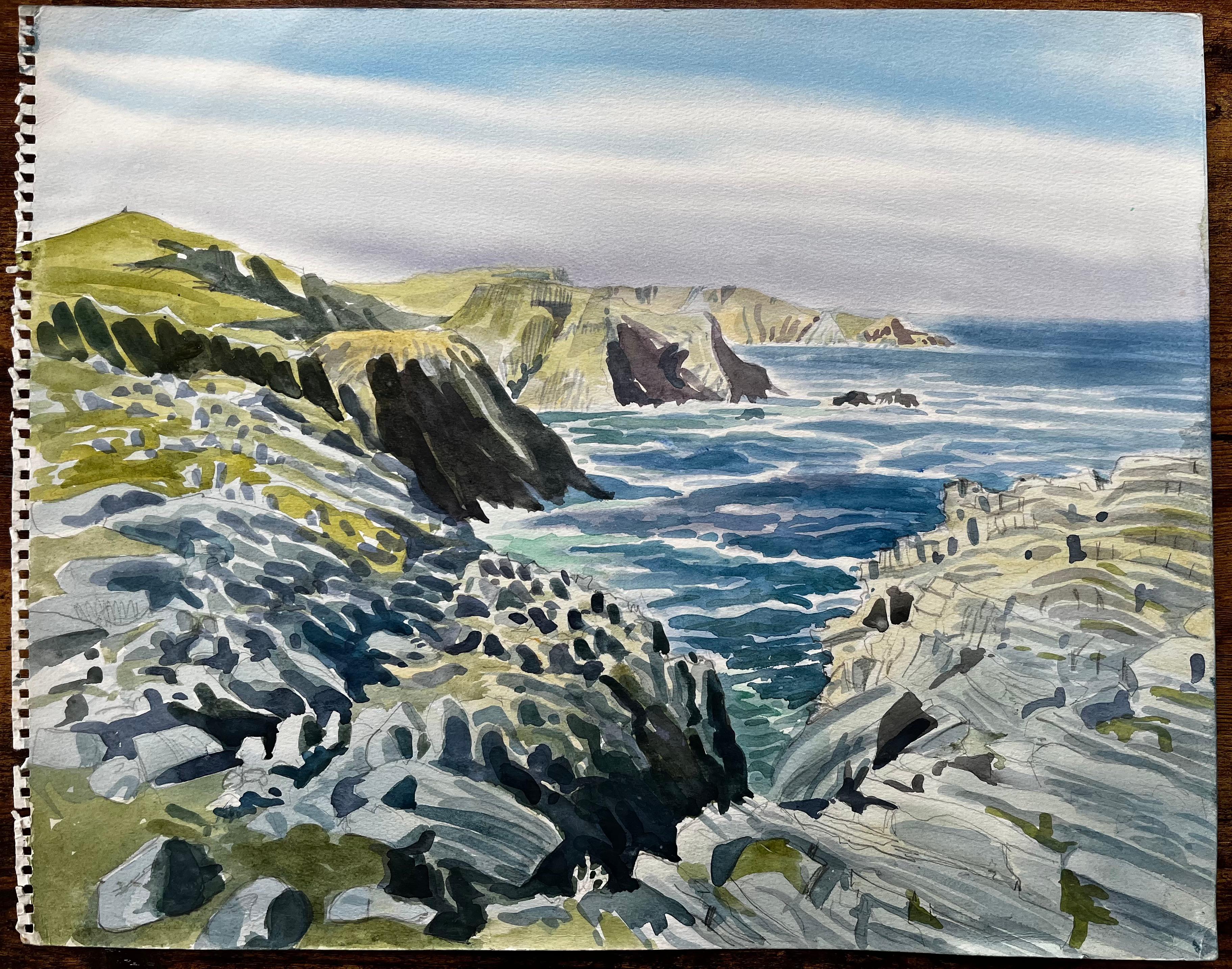 Côte dramatique du Dorset, falaises et mer 1990 Aquarelle de John Steane - Art de John Steane (b.1931)