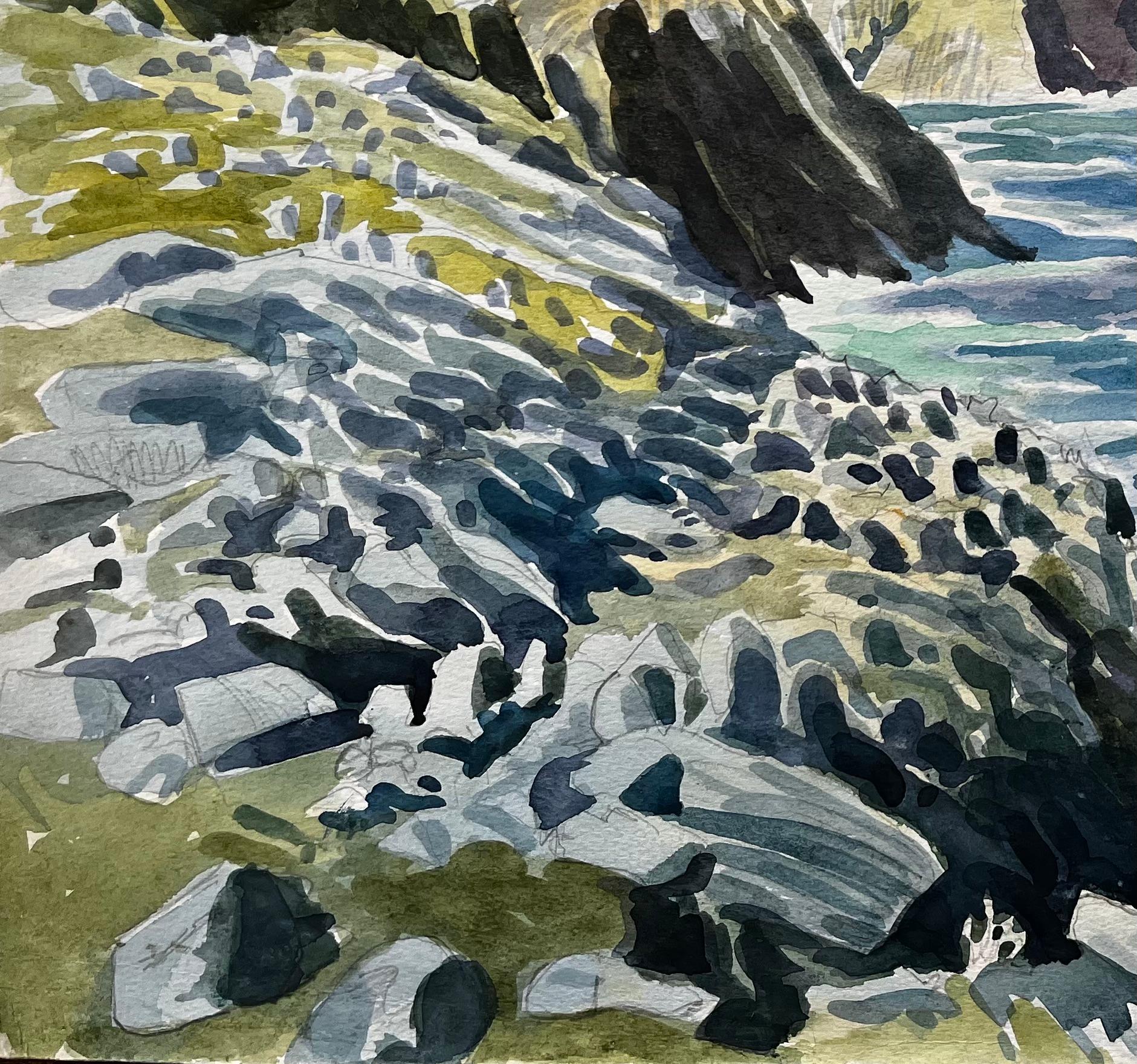 Côte dramatique du Dorset, falaises et mer 1990 Aquarelle de John Steane - Gris Landscape Art par John Steane (b.1931)