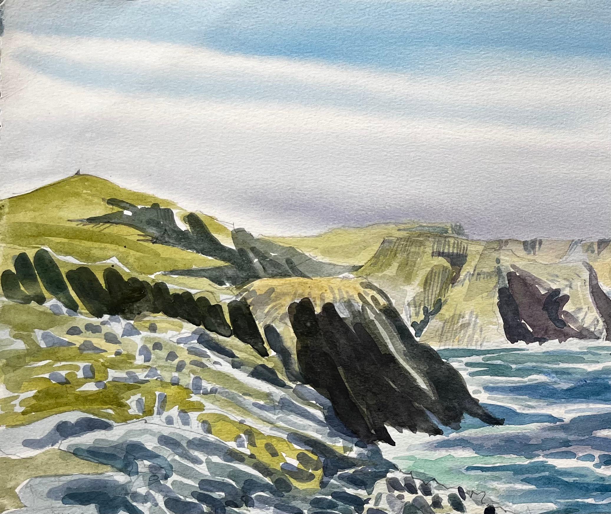 Titre : Falaises dramatiques de la côte du Dorset et mer 1990 Aquarelle de John Steane
de John Steane (né en 1931)
Taille : 15,75 pouces (hauteur) x 20 pouces (largeur)
peinture à l'eau sur papier, non encadrée
état : Bon, avec une légère usure des