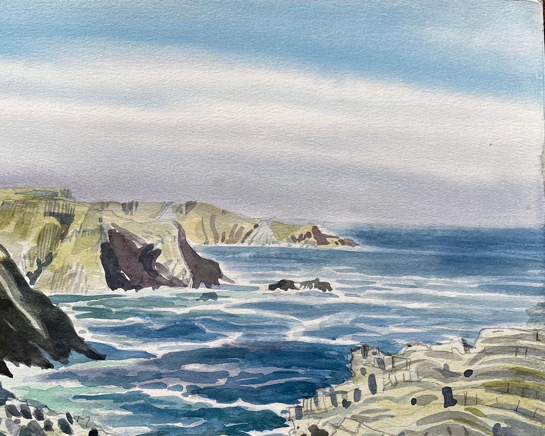 Côte dramatique du Dorset, falaises et mer 1990 Aquarelle de John Steane en vente 1